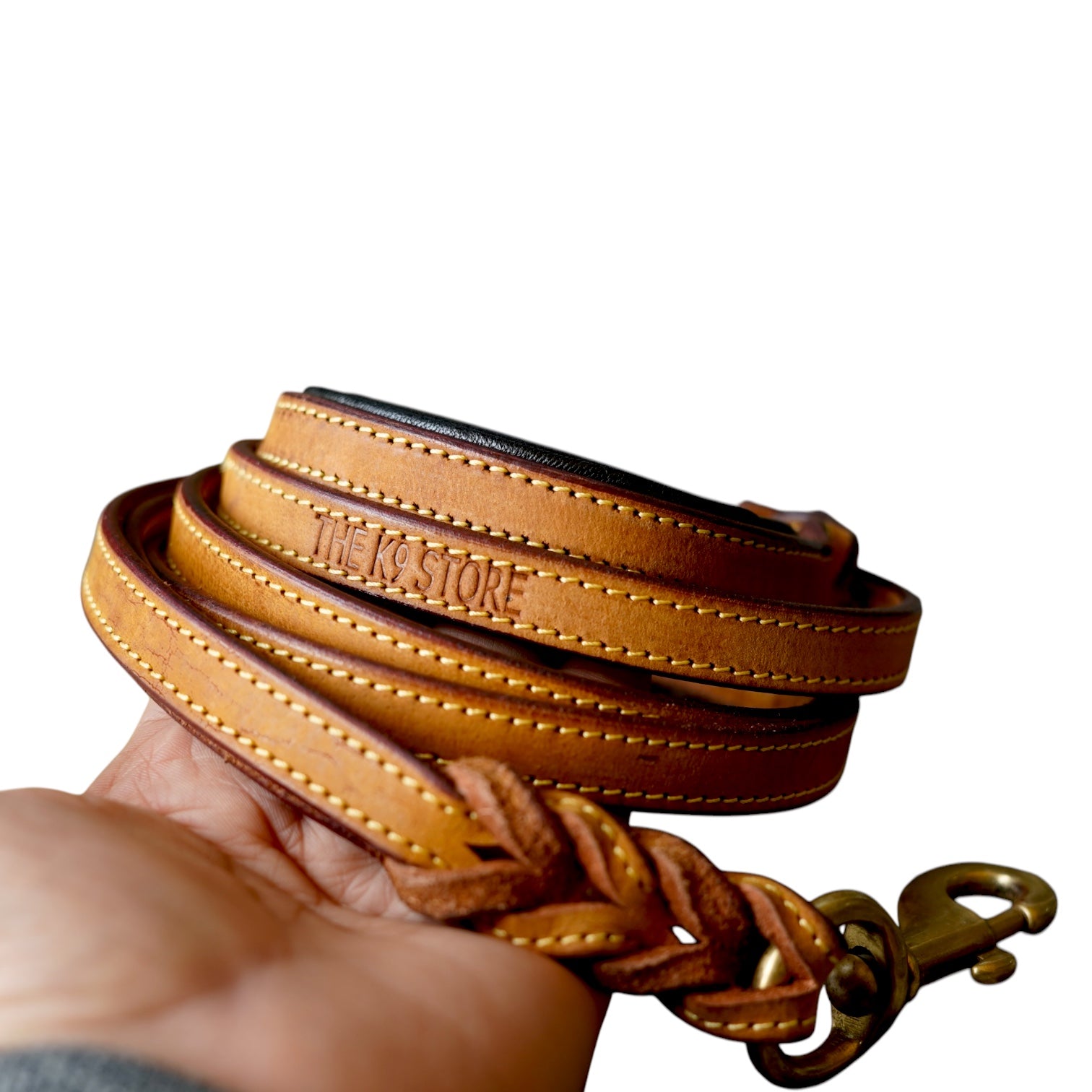 The K9 Store Premium Leather Double Handle Dog Leash, 6 Feet Long in Tan Color With Brass Hooks For All Dog Breeds