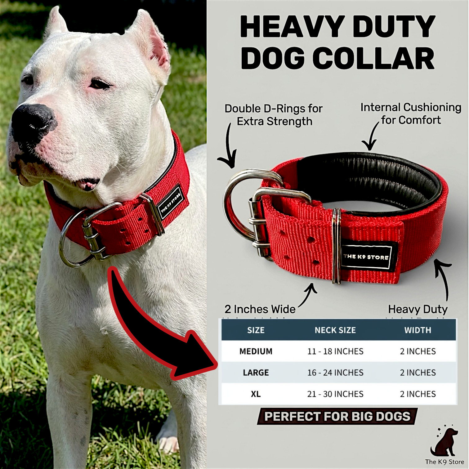Heavy Duty Dog Collar for Large Dogs | 2 Inch Wide Padded Nylon Collar with Double D-Rings | Red | The K9 Store
