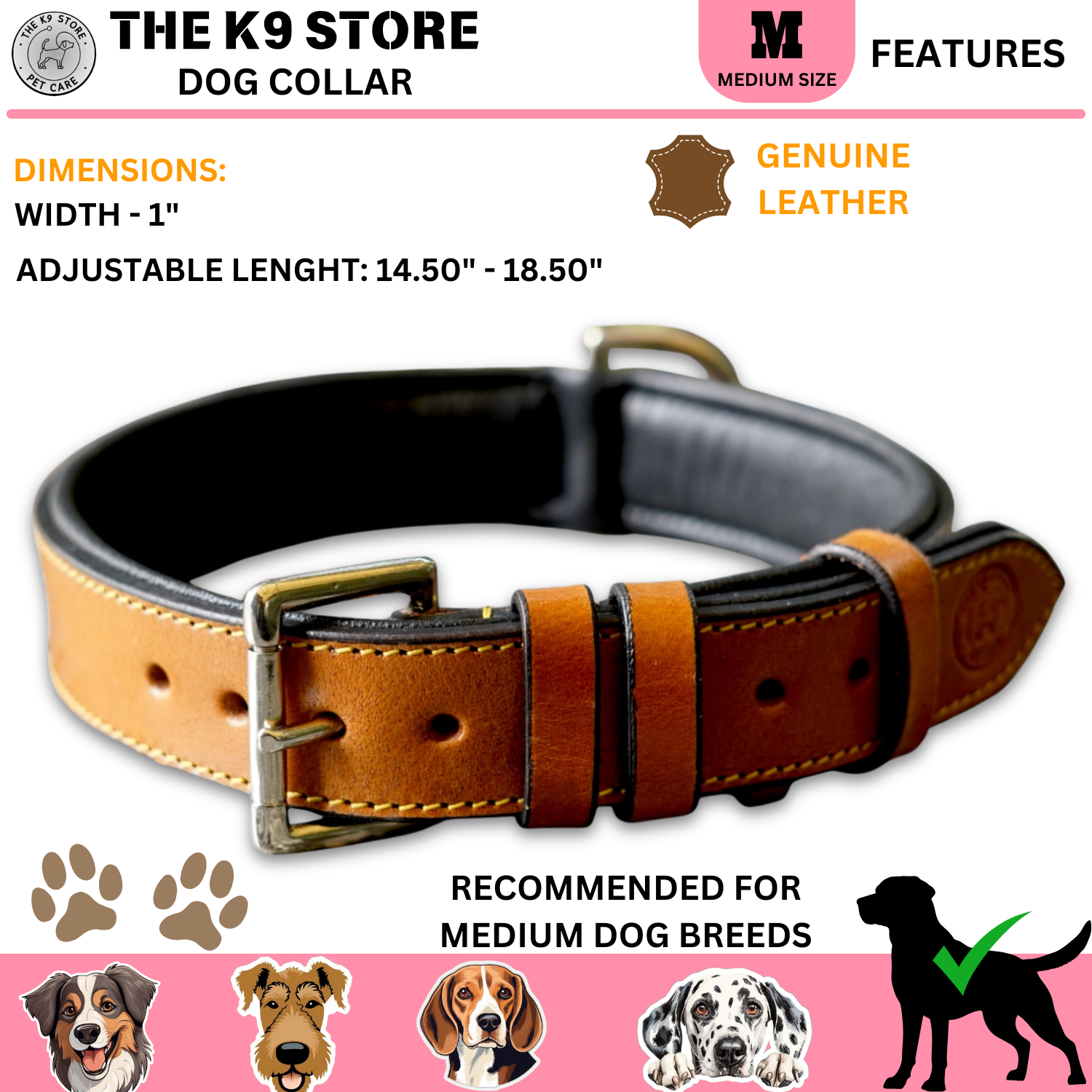 The K9 Store 100% Highgrade Leather Colored Basic Dog Neck Collar (Tan)