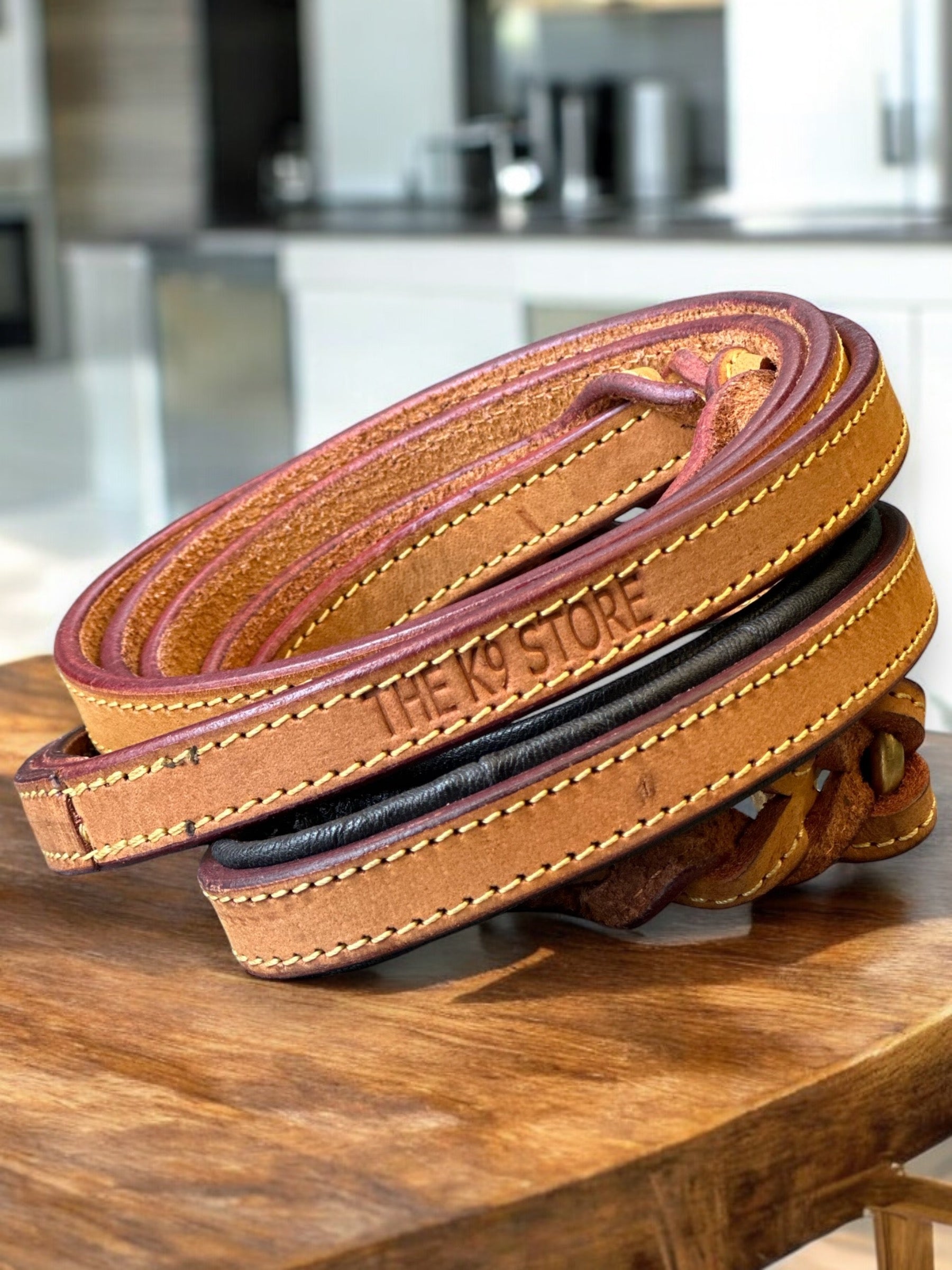 The K9 Store Premium Leather Double Handle Dog Leash, 6 Feet Long in Tan Color With Brass Hooks For All Dog Breeds