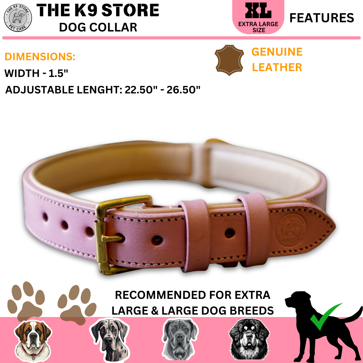 The K9 Store 100% Highgrade Leather Colored Basic Dog Neck Collar (Pink)