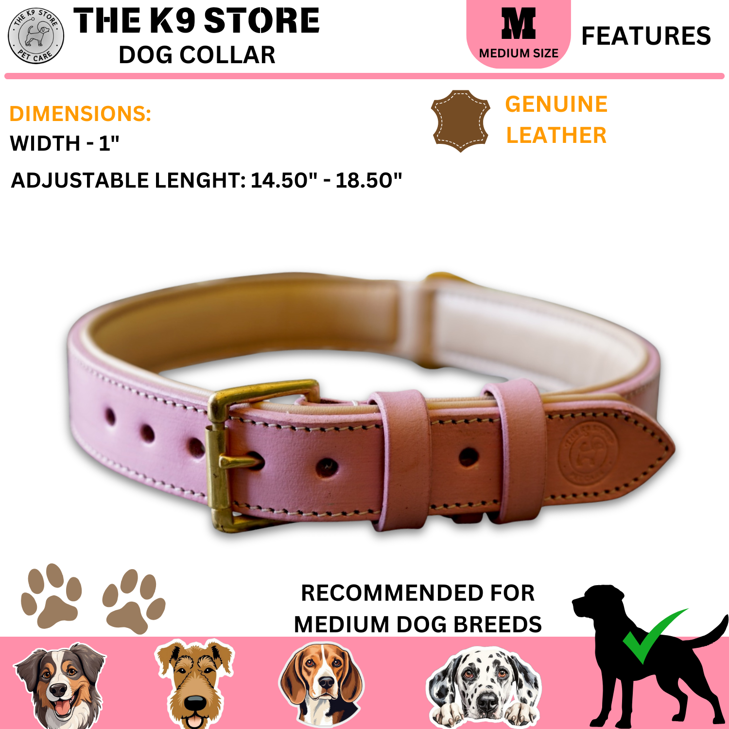 The K9 Store 100% Highgrade Leather Colored Basic Dog Neck Collar (Pink)