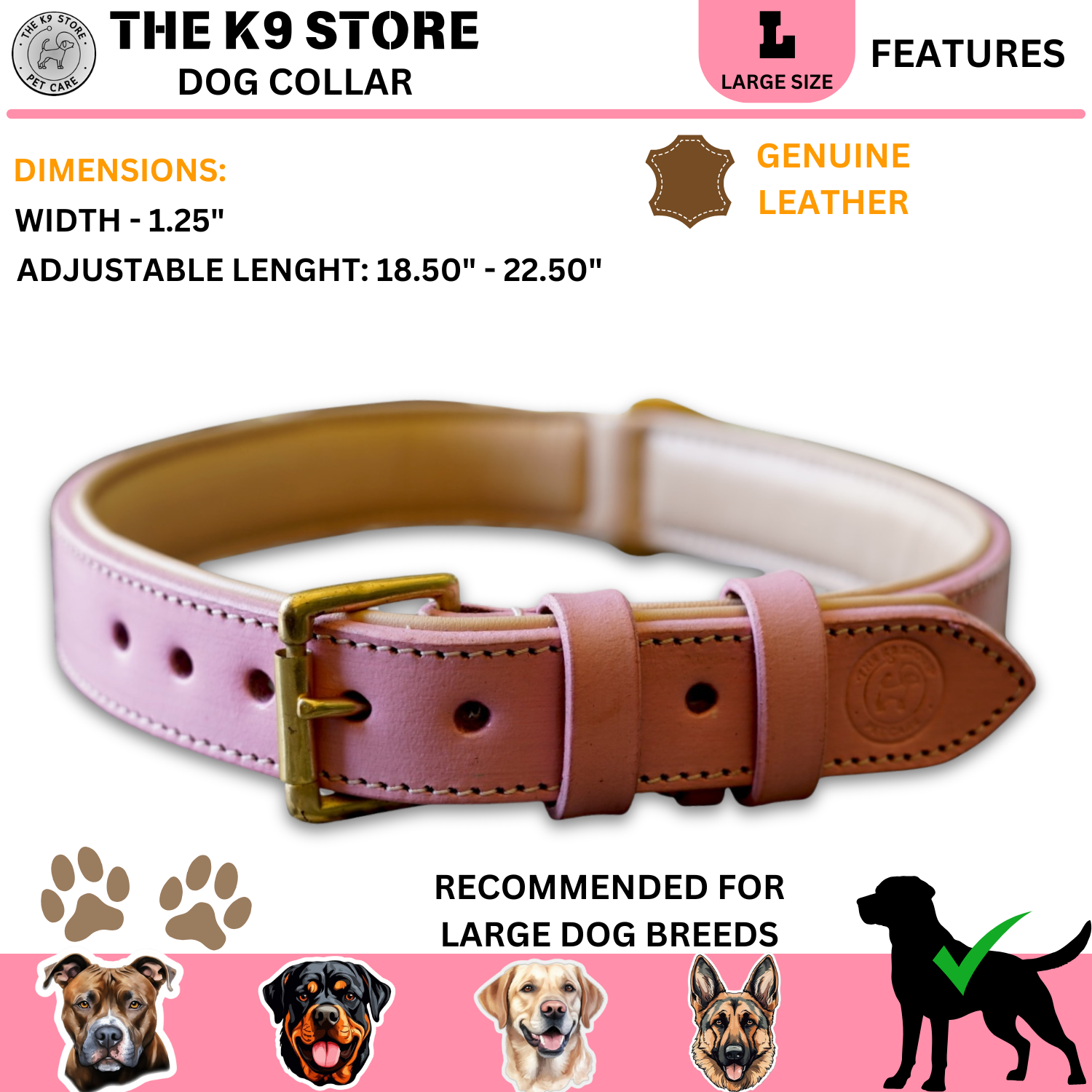 The K9 Store 100% Highgrade Leather Colored Basic Dog Neck Collar (Pink)