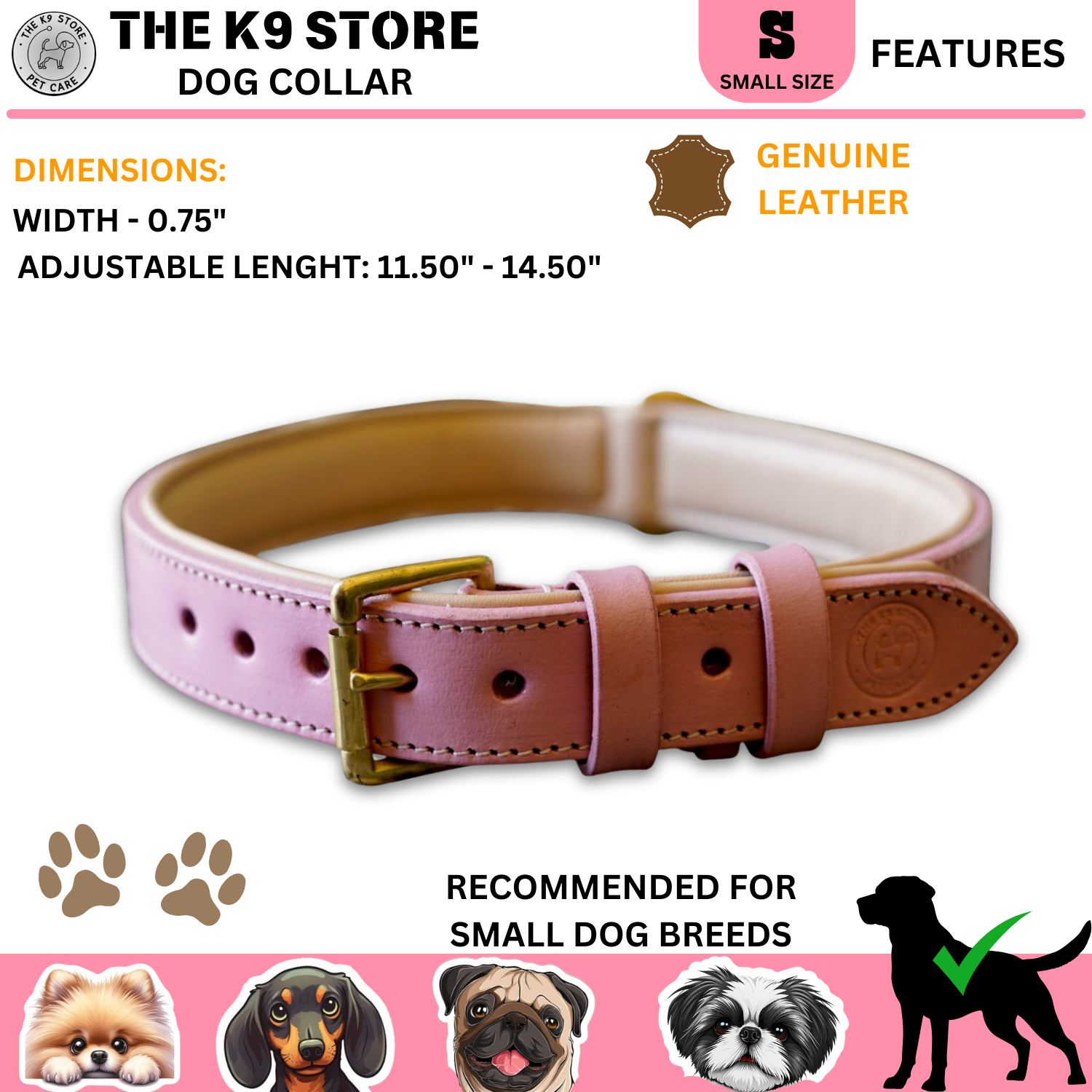 The K9 Store 100% Highgrade Leather Colored Basic Dog Neck Collar (Pink)