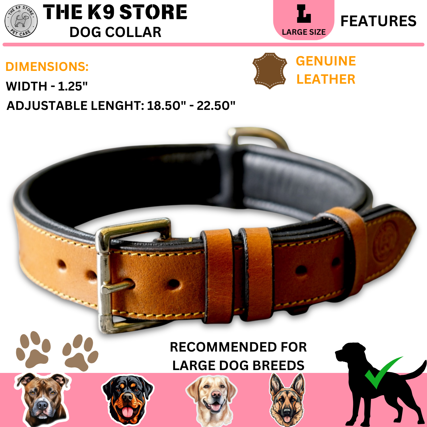 The K9 Store 100% Highgrade Leather Colored Basic Dog Neck Collar (Tan