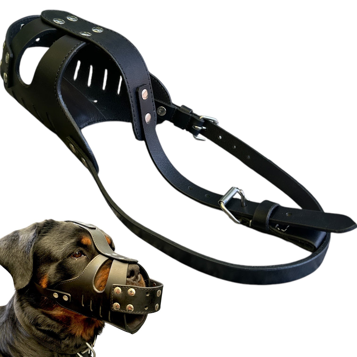 The K9 Store Full-Coverage Leather Studded Dog Muzzle – Heavy-Duty, Secure & Breathable Design for Large To X Large Breeds