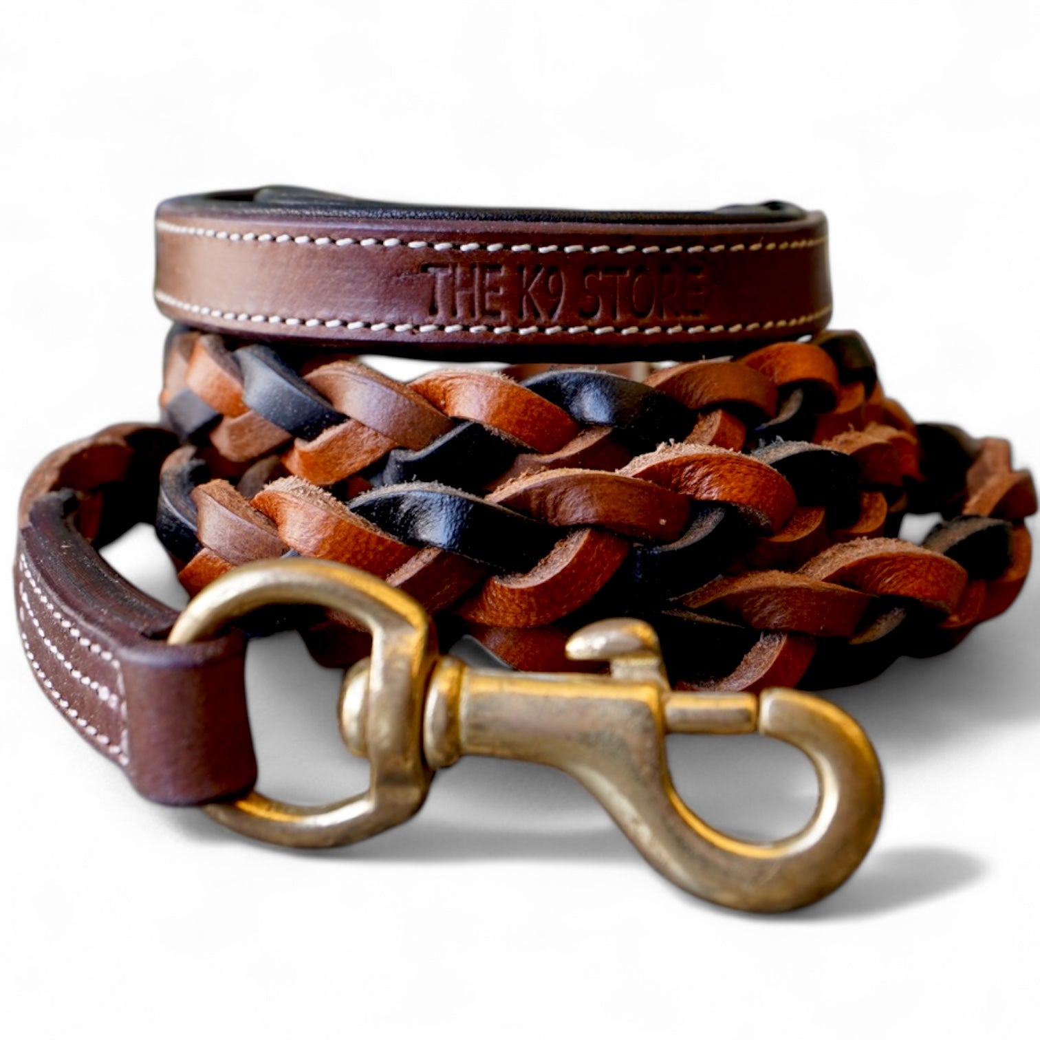 The K9 Store Premium Leather Braided Dog Leash, 5 Feet Long With Brass Hooks In Tricolor (Tan, Chocolate & Black) For All Dog Breeds
