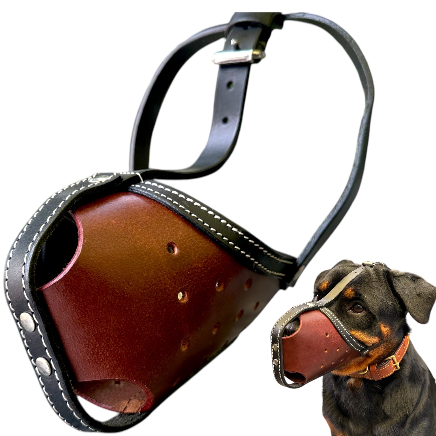 The K9 Store Premium Leather Dog Muzzle, Handstitched Mask for Gaint, Large & Medium Dog Breeds in Black/Tan Color