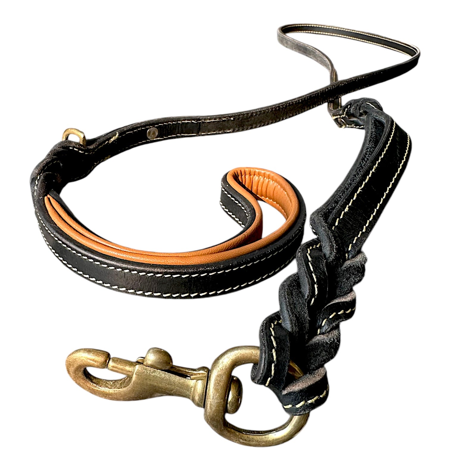 The K9 Store Premium Leather Double Handle Dog Leash, 6 Feet Long With Brass Hooks in Black Color For All Dog Breeds