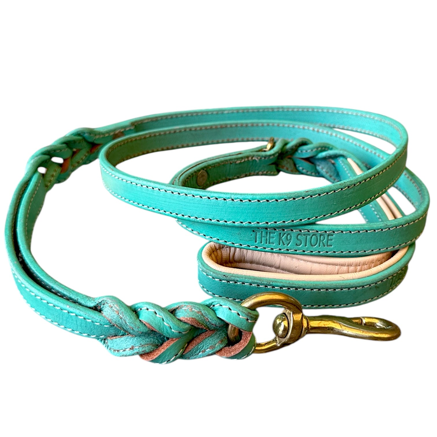 The K9 Store Premium Leather Double Handle Dog Leash, 6 Feet Long With Brass Hooks in Green Mint Color For All Dog Breeds