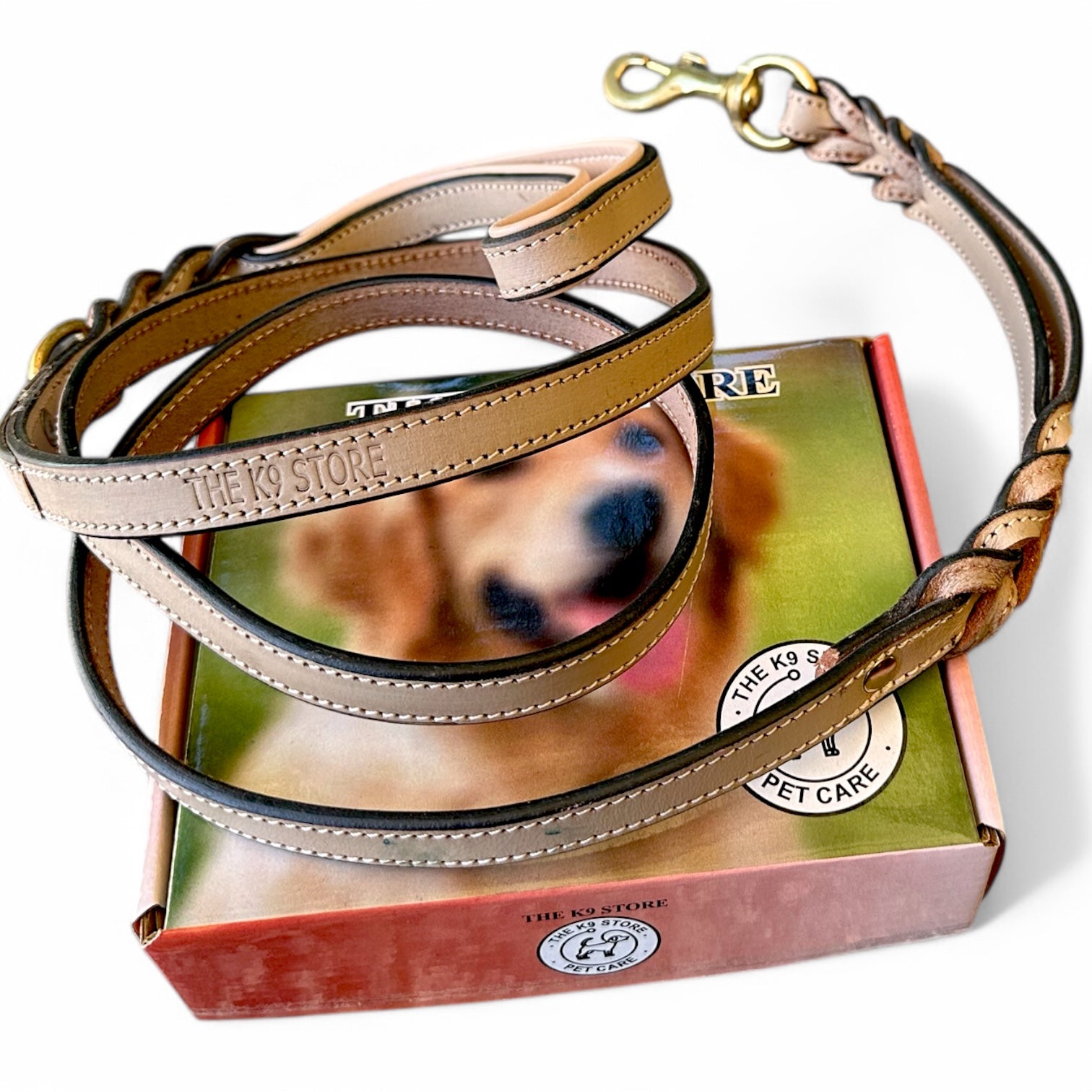 The K9 Store Premium Leather Double Handle Dog Leash, 6 Feet Long With Brass Hooks in Grey Color For All Dog Breeds