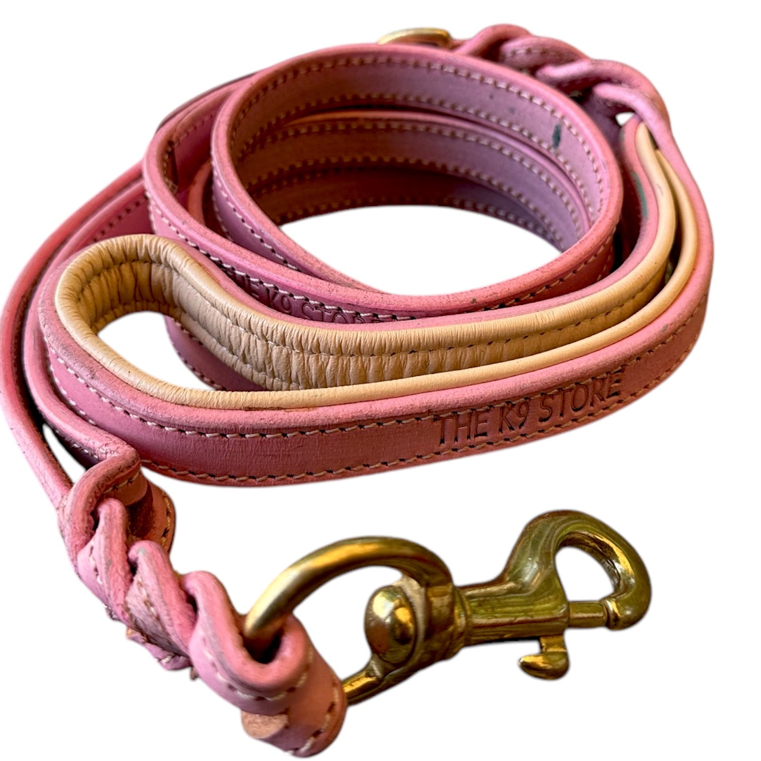 The K9 Store Premium Leather Double Handle Dog Leash, 6 Feet Long With Brass Hooks in Pink Color For All Dog Breeds