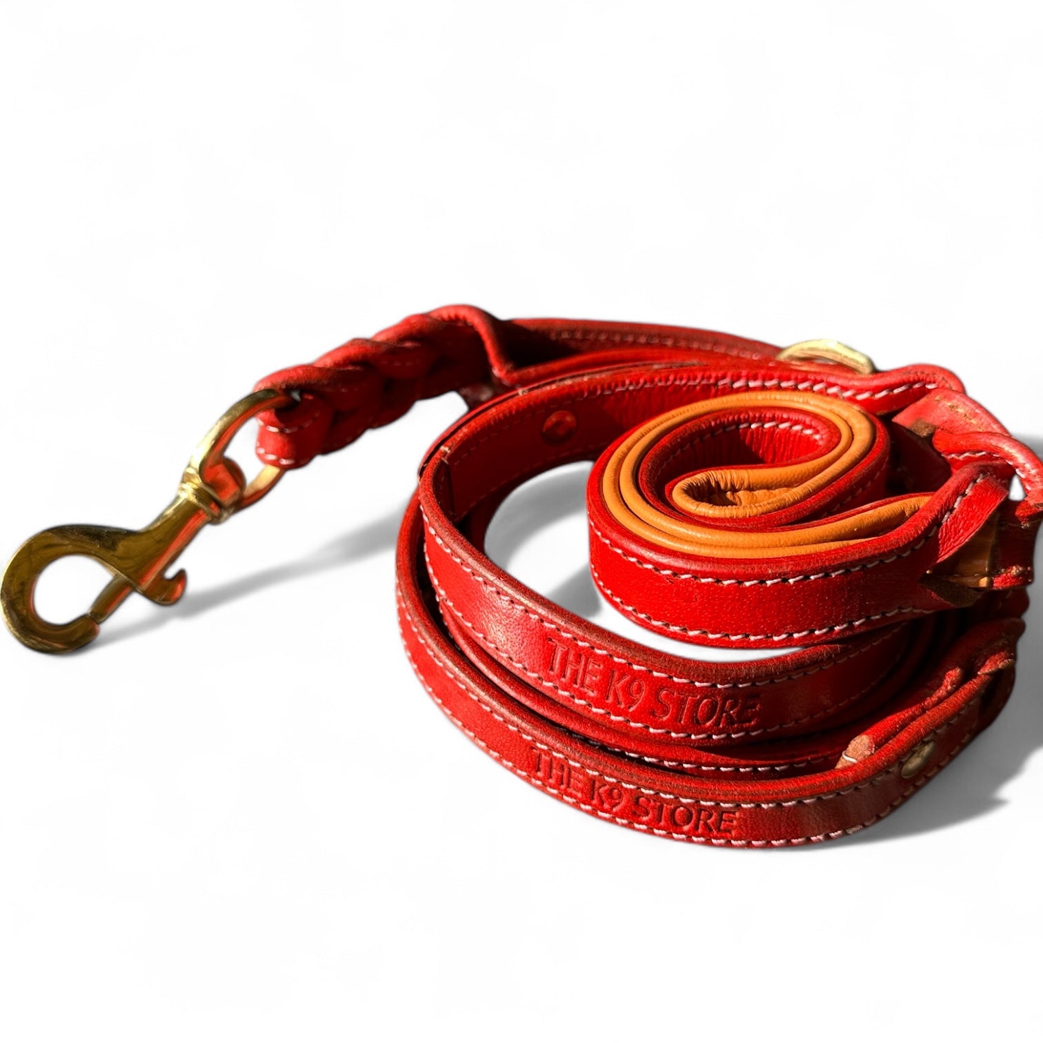 The K9 Store Premium Leather Double Handle Dog Leash, 6 Feet Long With Brass Hooks in Red Color For All Dog Breeds