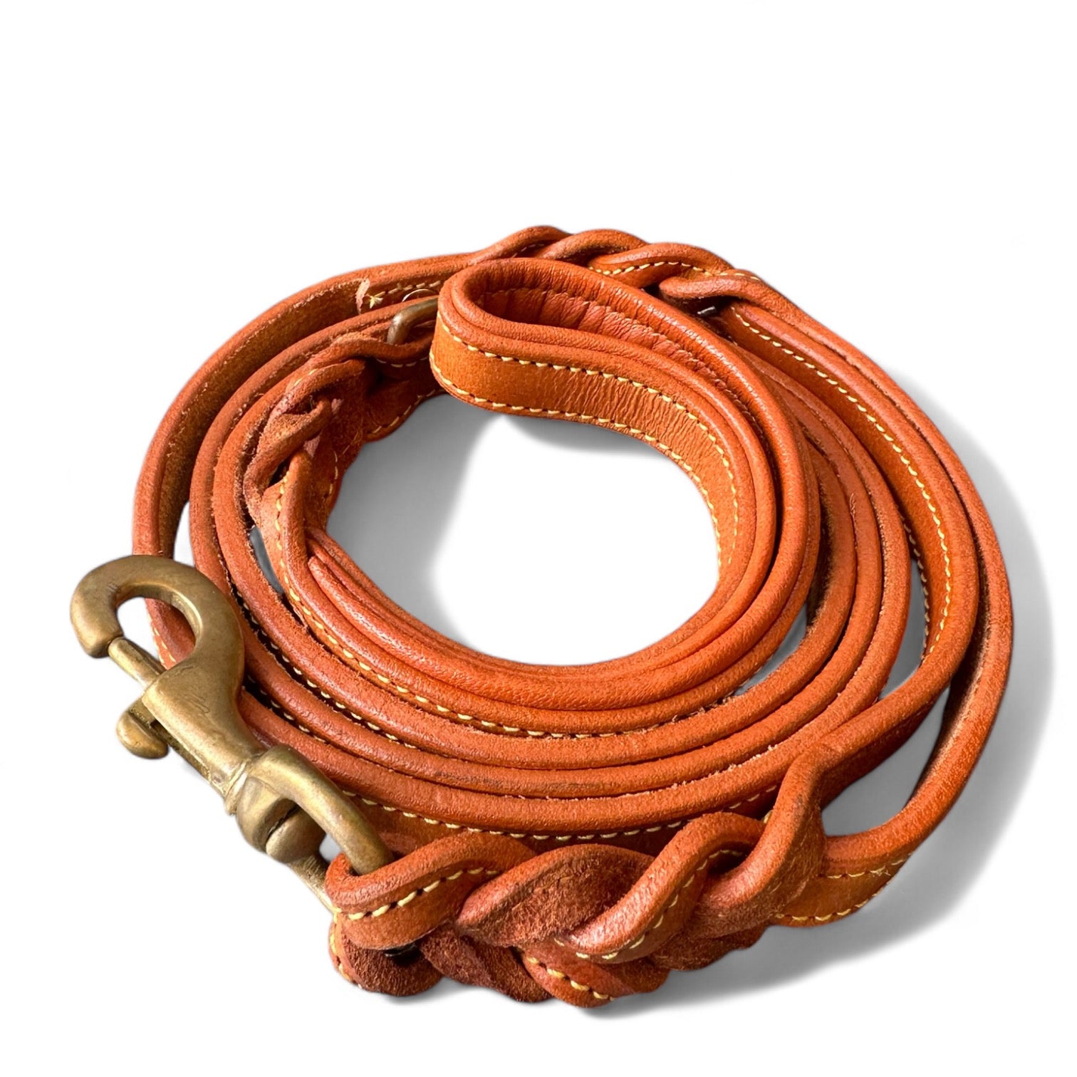 The K9 Store Premium Leather Double Handle Dog Leash, 6 Feet Long With Brass Hooks in Tan Brown Color For All Dog Breeds