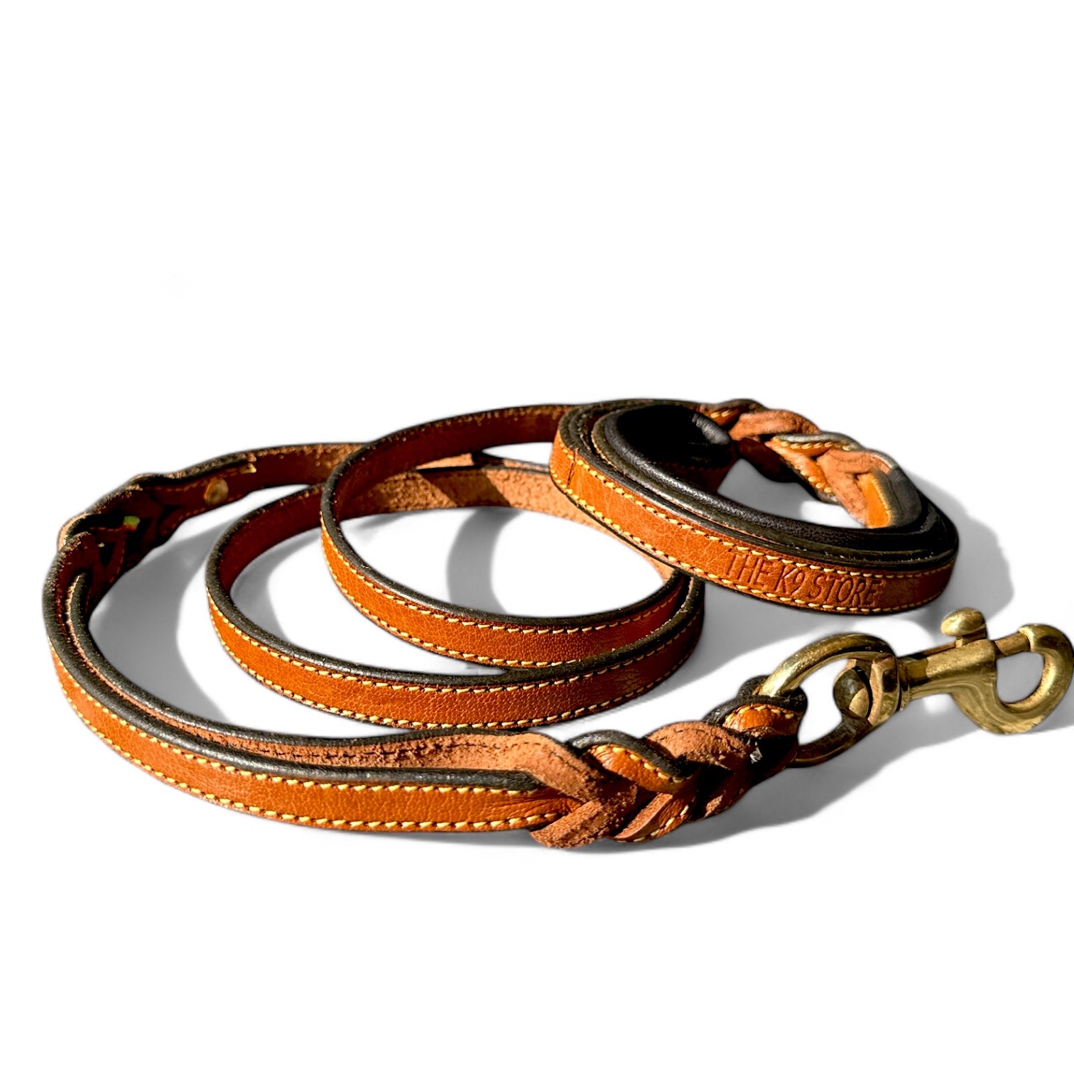The K9 Store Premium Leather Double Handle Sleek Dog Leash, 6 Feet Long With Brass Hooks in Tan Brown Color For All Dog Breeds