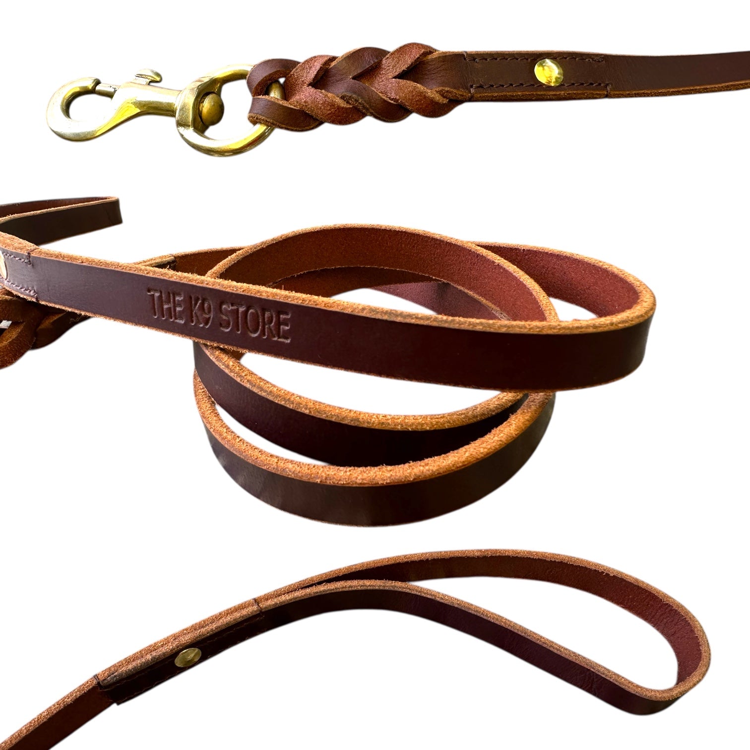 The K9 Store Premium Leather Single Handle Freebie Dog Leash, 5 Feet Long With Brass Hook For All Dog Breeds