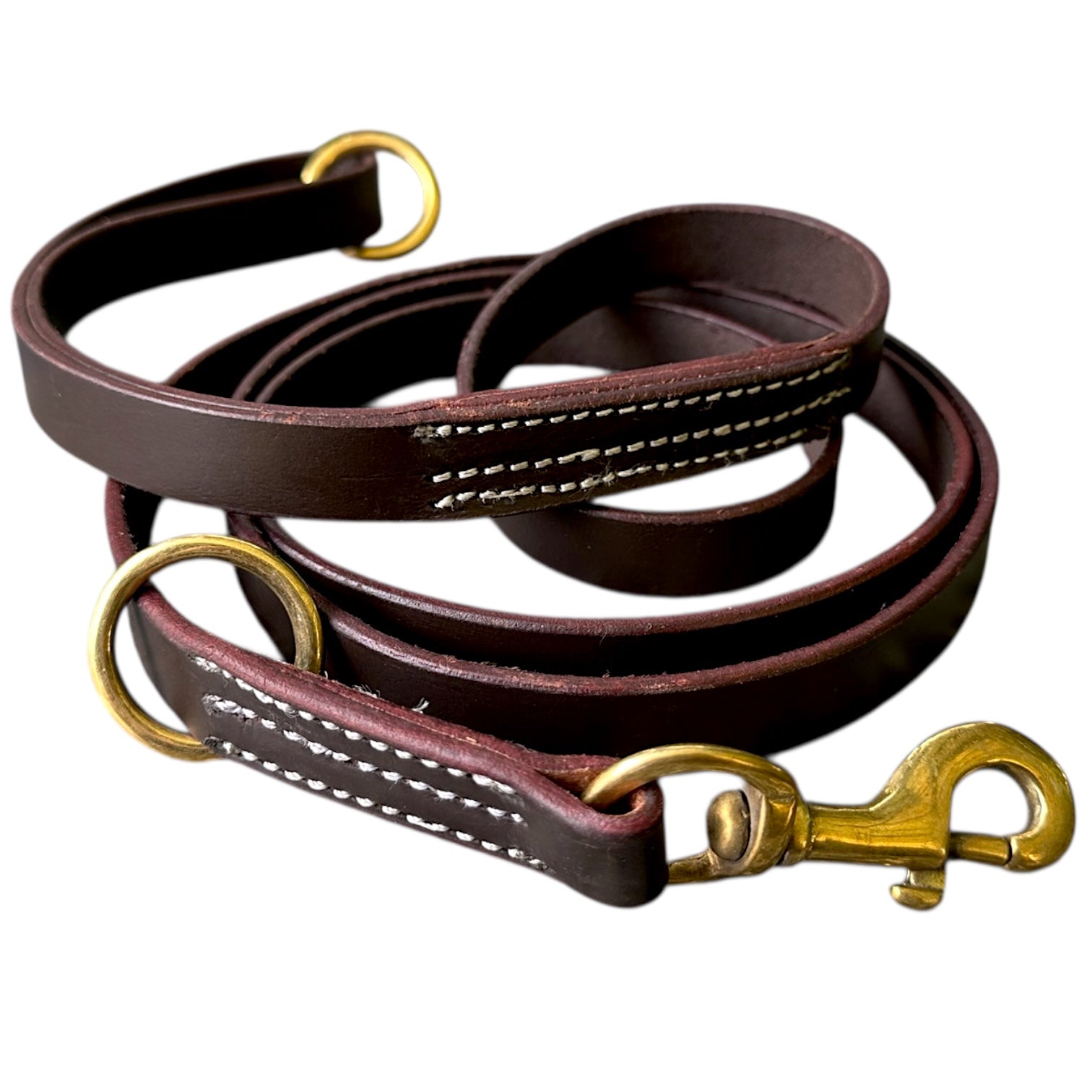 The K9 Store Premium Leather Tri-Stitched Single Handle Dog Leash, 6 Feet Long With Brass Hooks For All Dog Breeds chocolate brown color