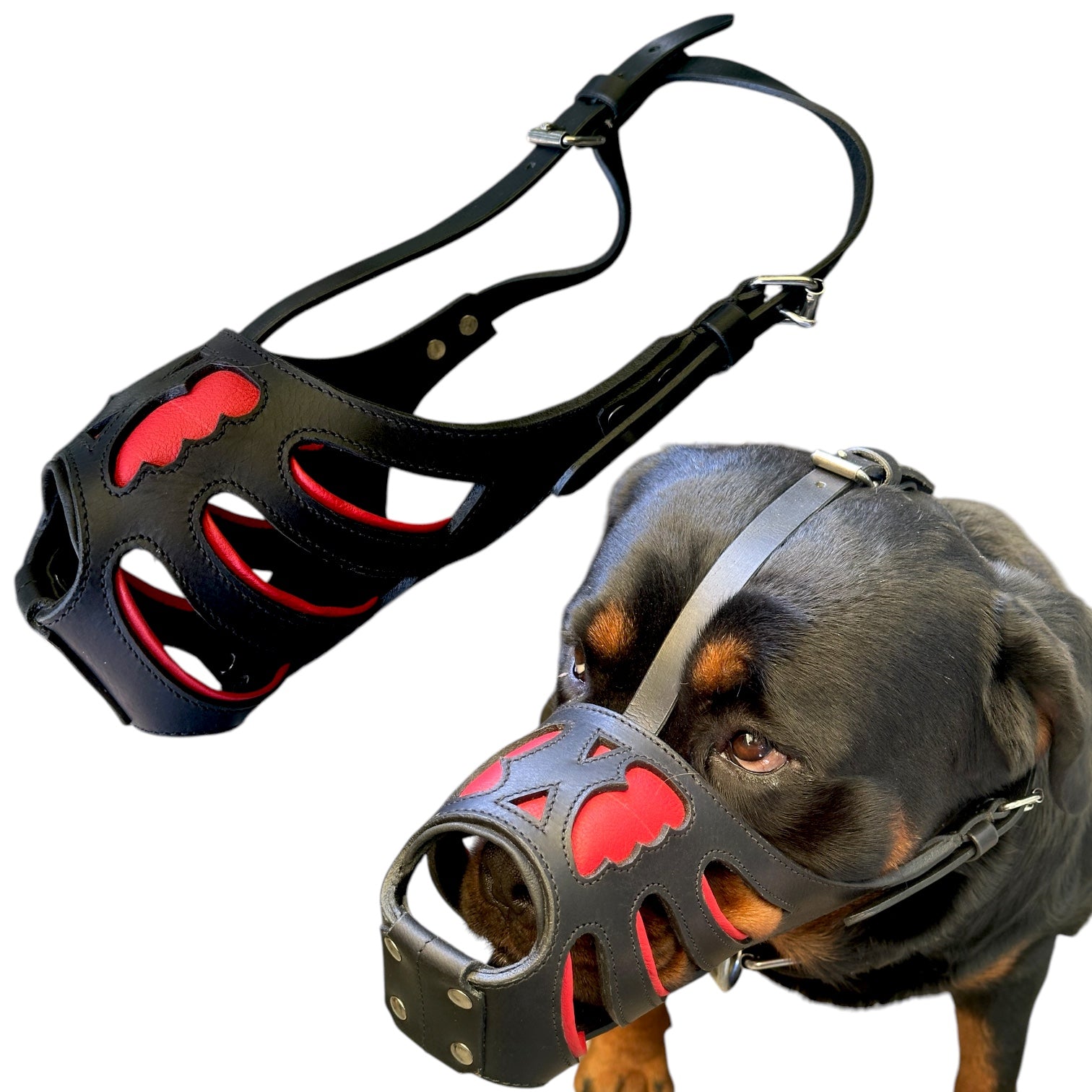 The K9 Store Red-Lined, Black Armored Leather Dog Muzzle – Stylish, Strong & Breathable for Large To X-Large Breeds