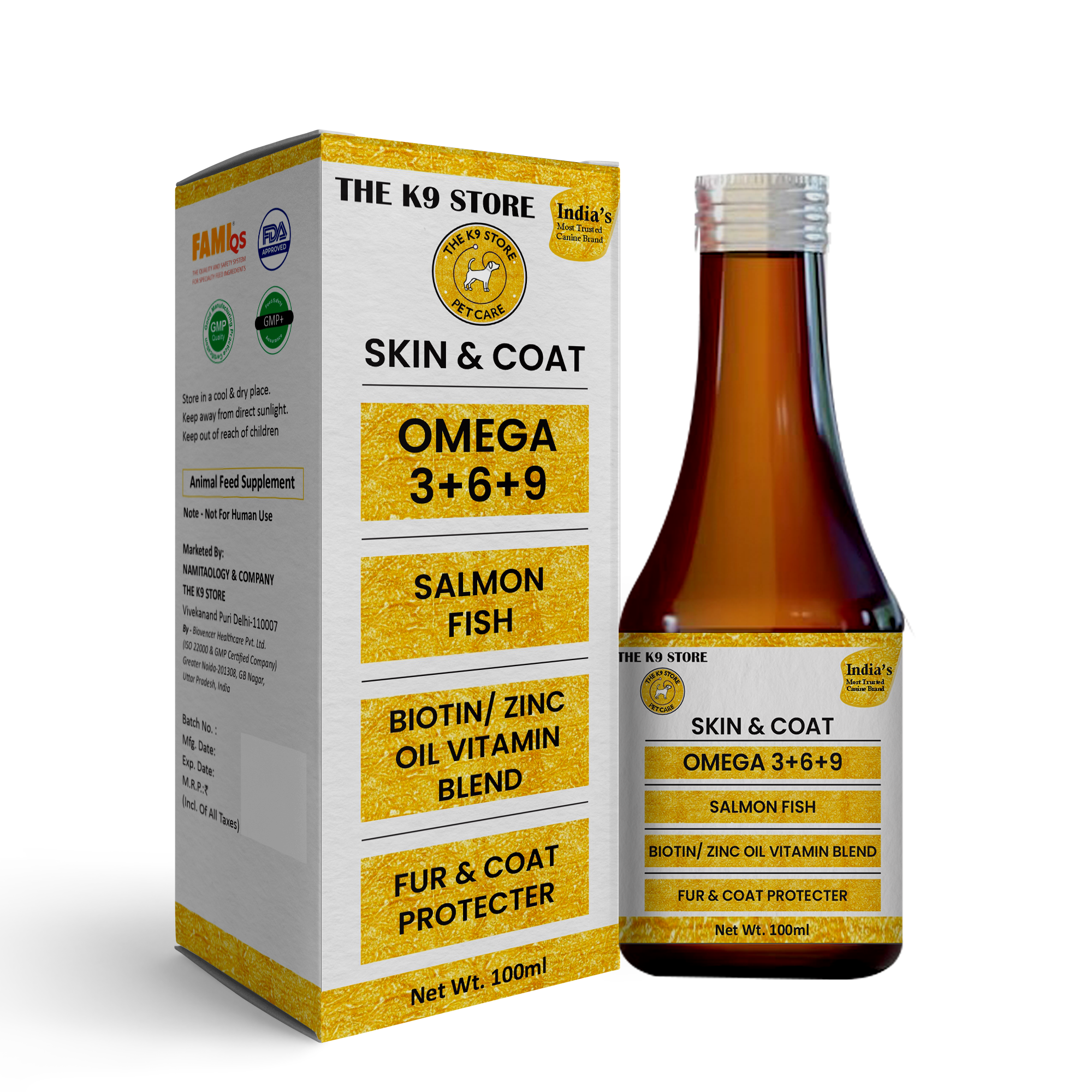 The K9 Store Skin and Coat Formula with Omega 3 6 9 for Dogs & Cats with Salmon Fish Oil, Biotin, Zinc Oil Vitamin Blend