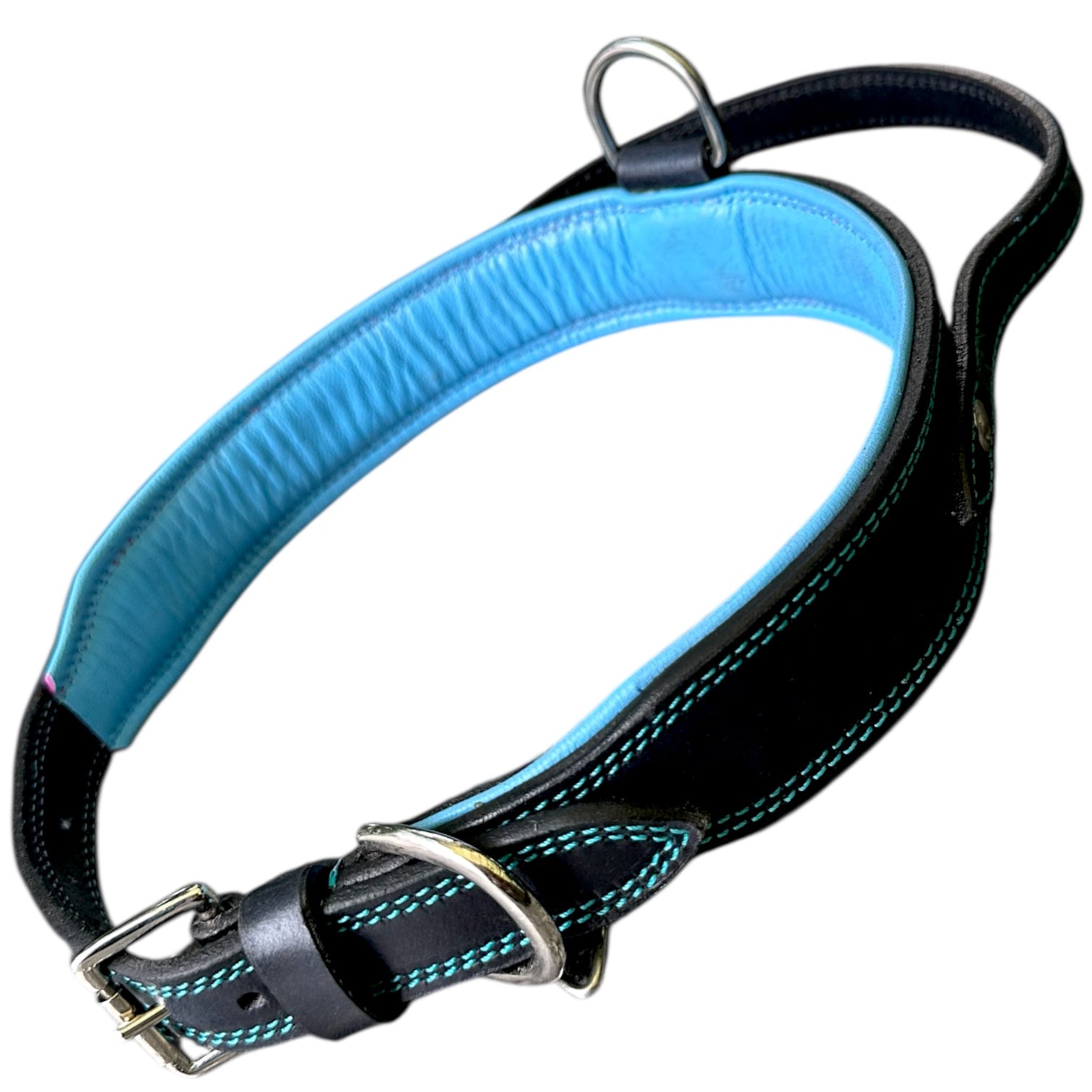 The K9 Store 100% Highgrade Leather Bold Dog Neck Collar For Training With Extra Handle - Zoey's Special B&B (Blue & Black Dual Tone)