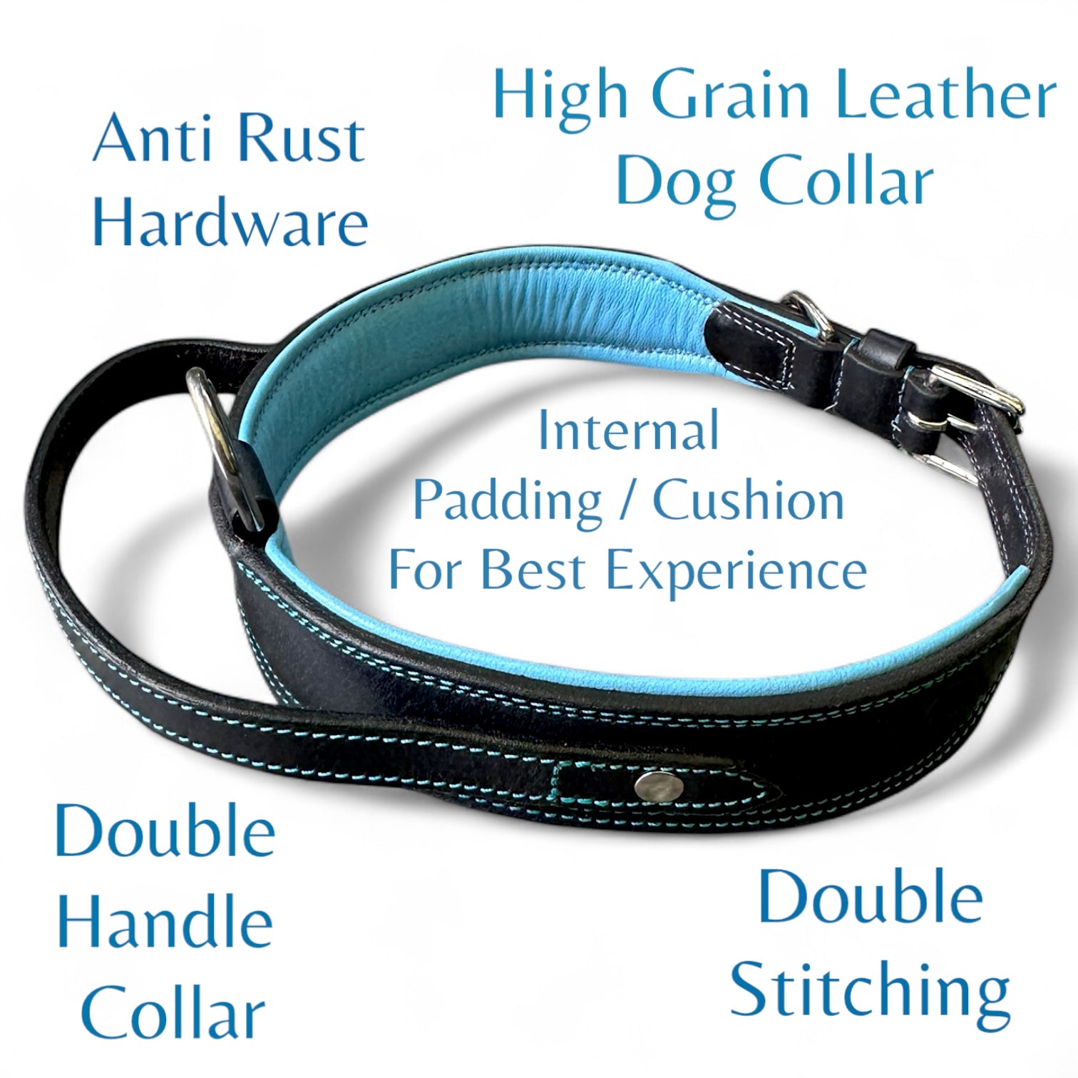 The K9 Store 100% Highgrade Leather Bold Dog Neck Collar For Training With Extra Handle - Zoey's Special B&B (Blue & Black Dual Tone)