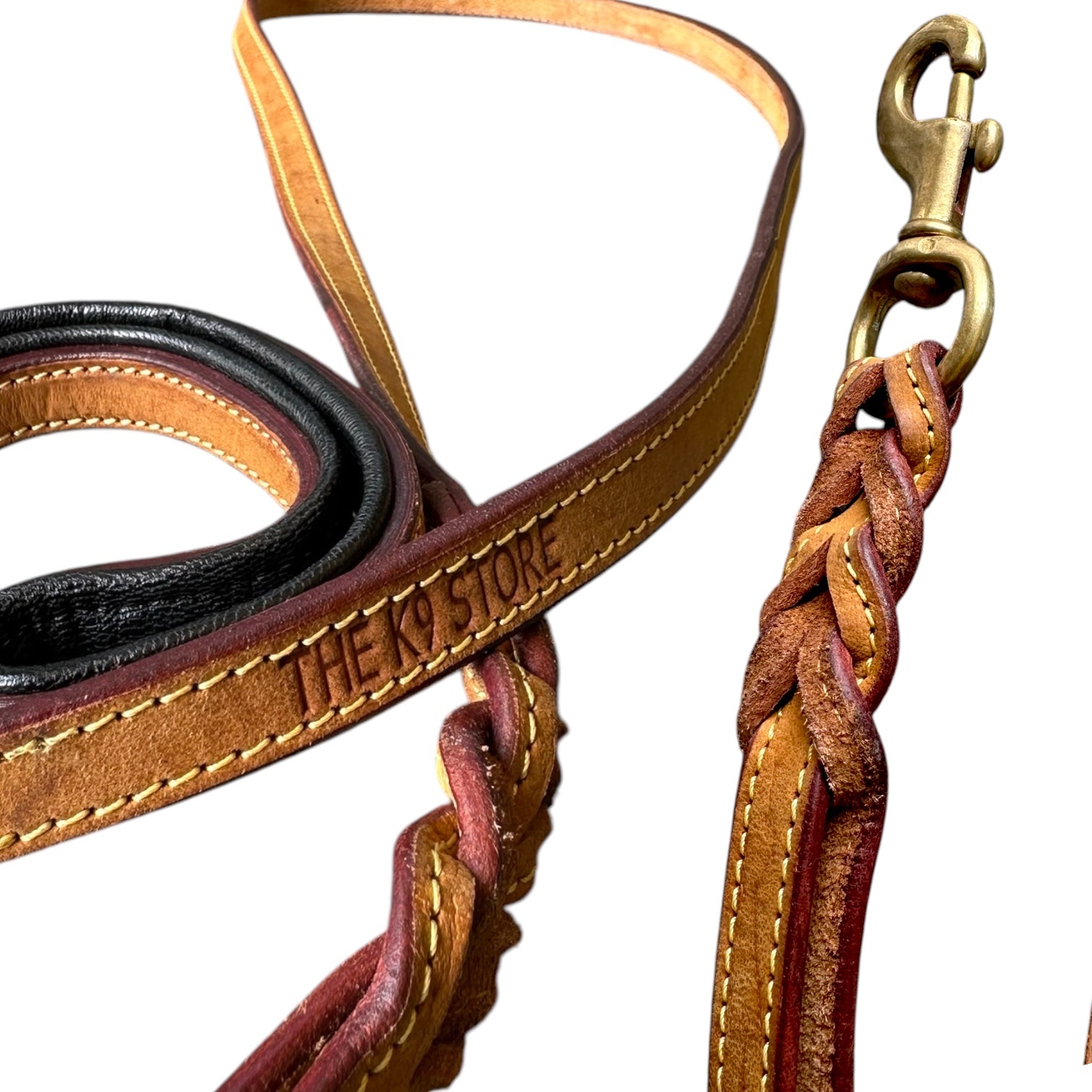 The K9 Store Premium Leather Double Handle Dog Leash, 6 Feet Long in Tan Color With Brass Hooks For All Dog Breeds