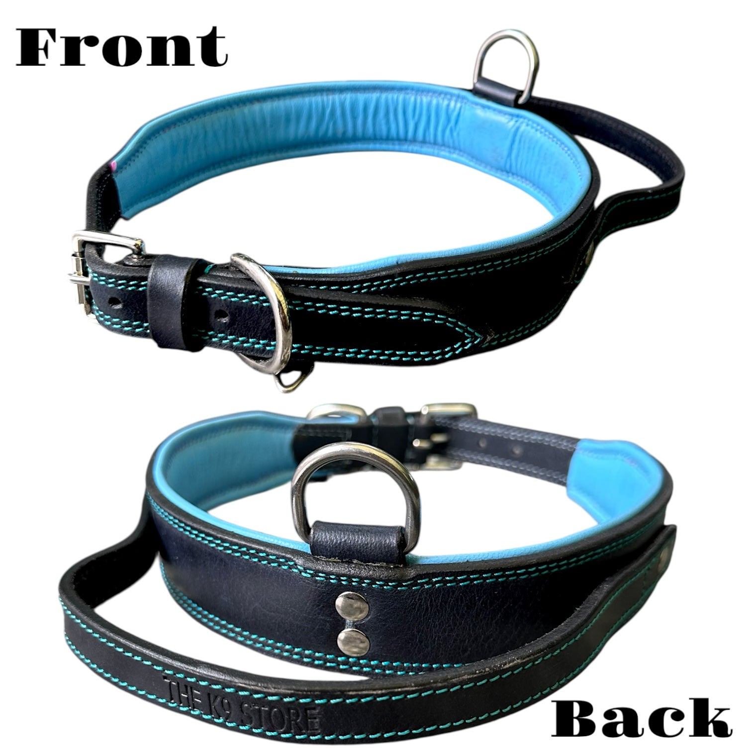 The K9 Store 100% Highgrade Leather Bold Dog Neck Collar For Training With Extra Handle - Zoey's Special B&B (Blue & Black Dual Tone)