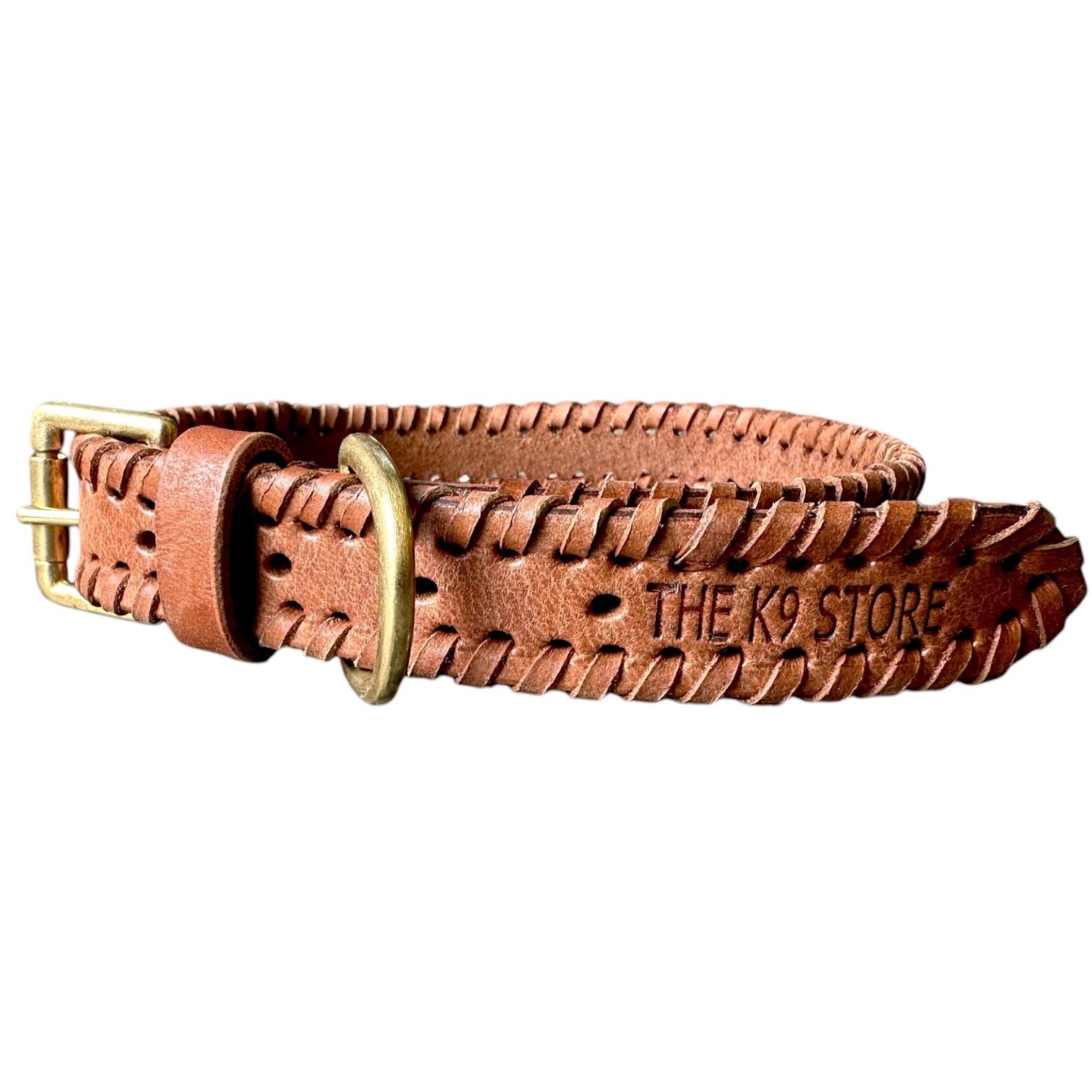 The K9 Store 100% Highgrade Leather Side Braided Designer Dog Neck Collar (Tan)