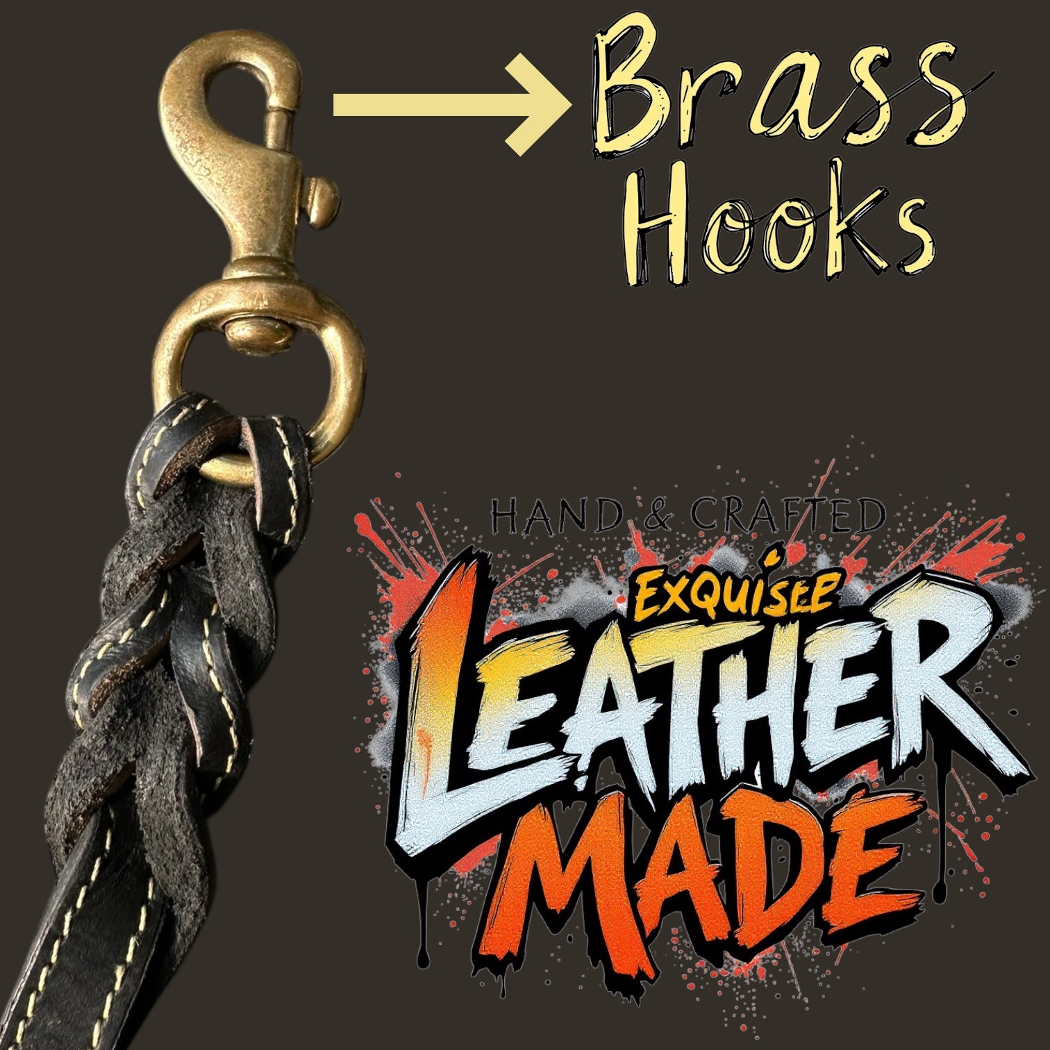 The K9 Store Premium Leather Double Handle Dog Leash, 6 Feet Long With Brass Hooks in Black Color For All Dog Breeds