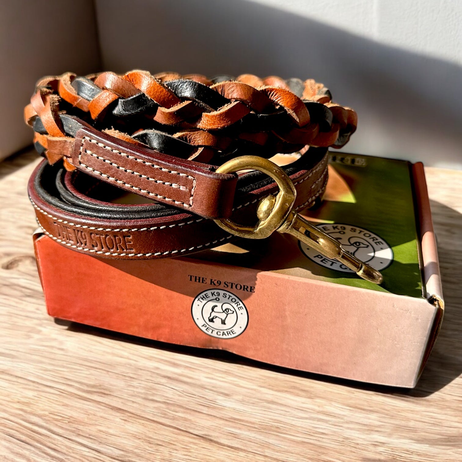 The K9 Store Premium Leather Braided Dog Leash, 5 Feet Long With Brass Hooks In Tricolor (Tan, Chocolate & Black) For All Dog Breeds