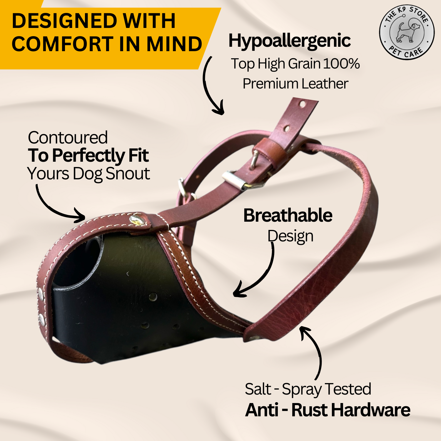 The K9 Store Premium Leather Dog Muzzle, Handstitched Mask for Gaint, Large & Medium Dog Breeds in Black/Tan Color