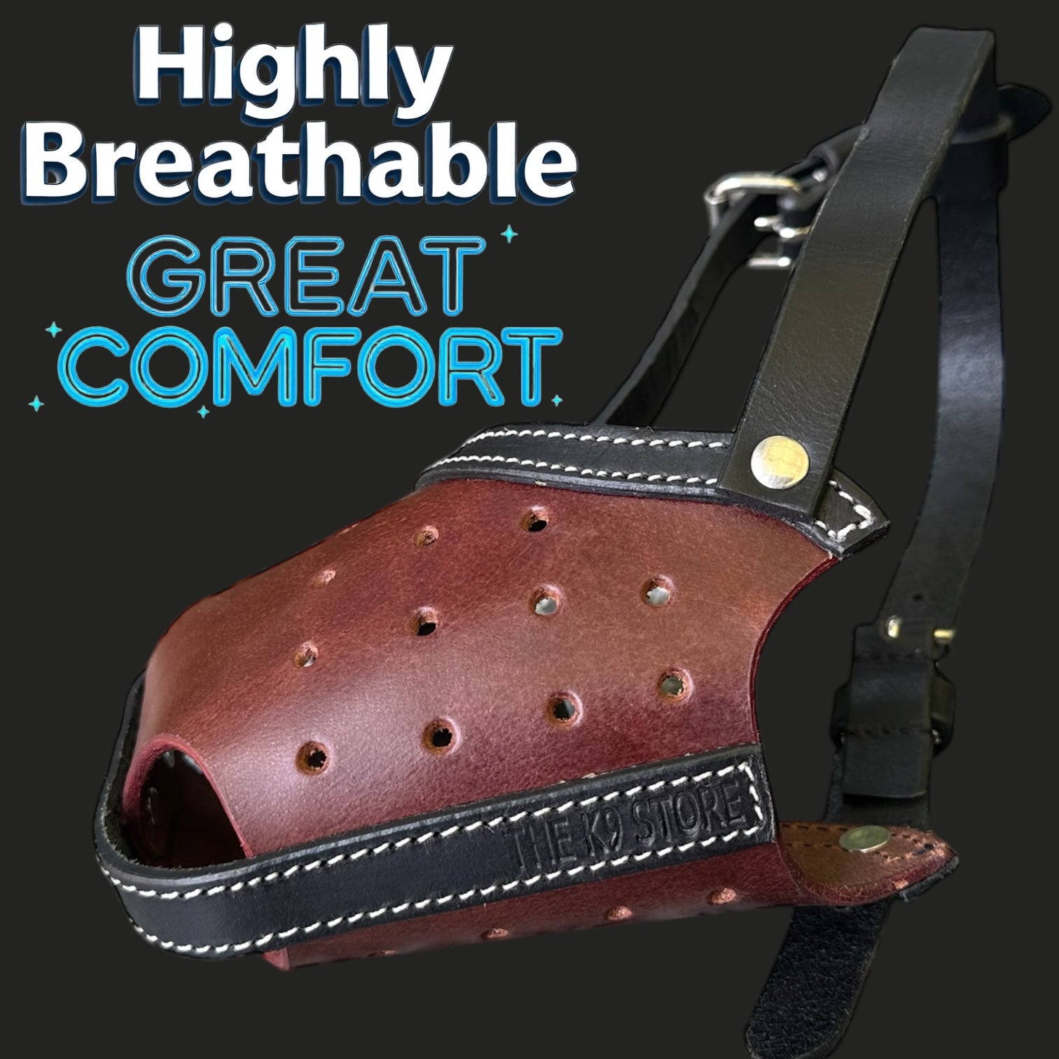 The K9 Store Premium Leather Dog Muzzle, Handstitched Mask for Gaint, Large & Medium Dog Breeds in Black/Tan Color