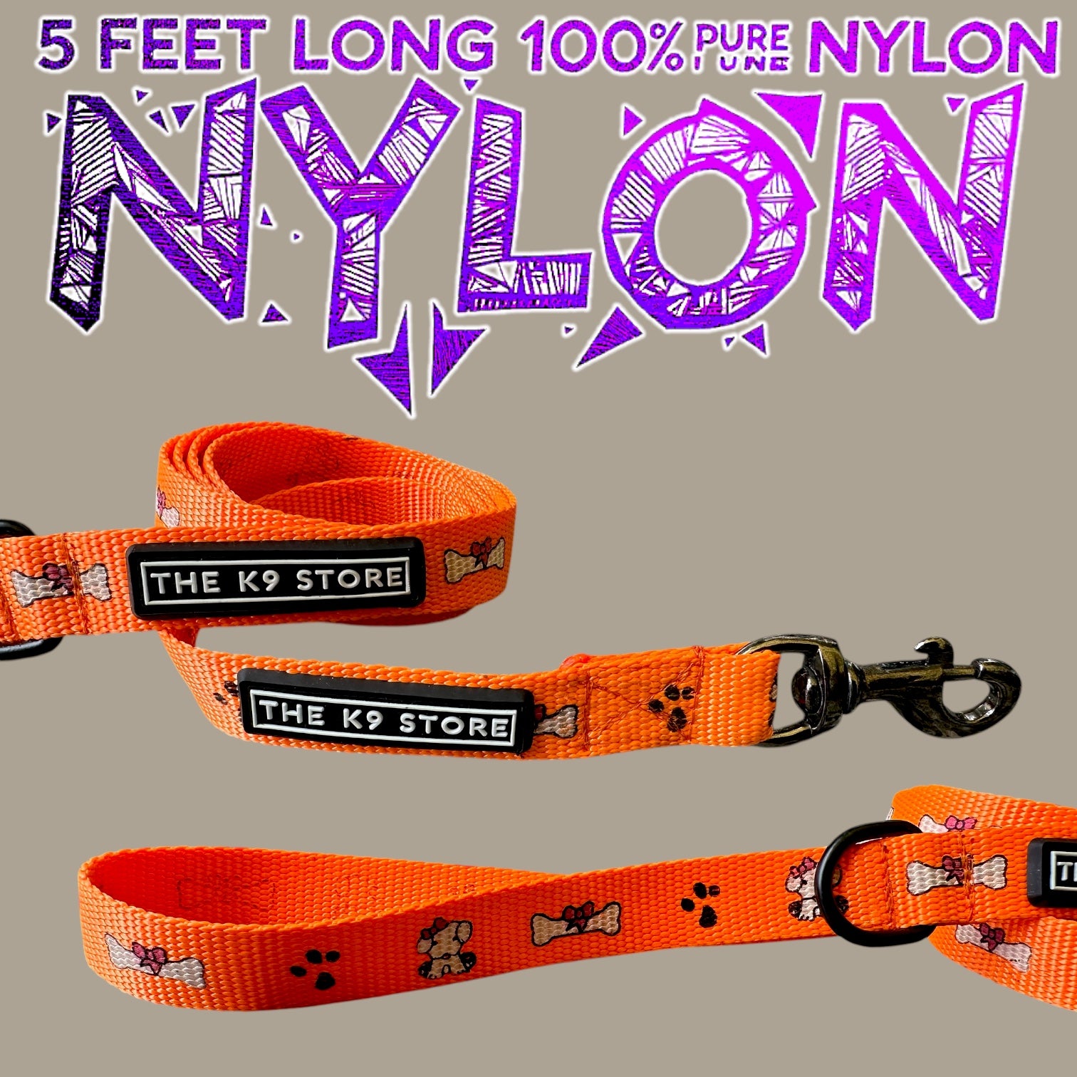 The K9 Store 5ft Orange Printed Nylon Leash for Dogs – Strong & Durable for all dog breeds
