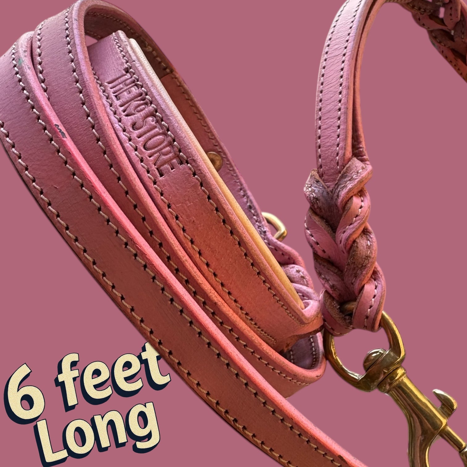 The K9 Store Premium Leather Double Handle Dog Leash, 6 Feet Long With Brass Hooks in Pink Color For All Dog Breeds