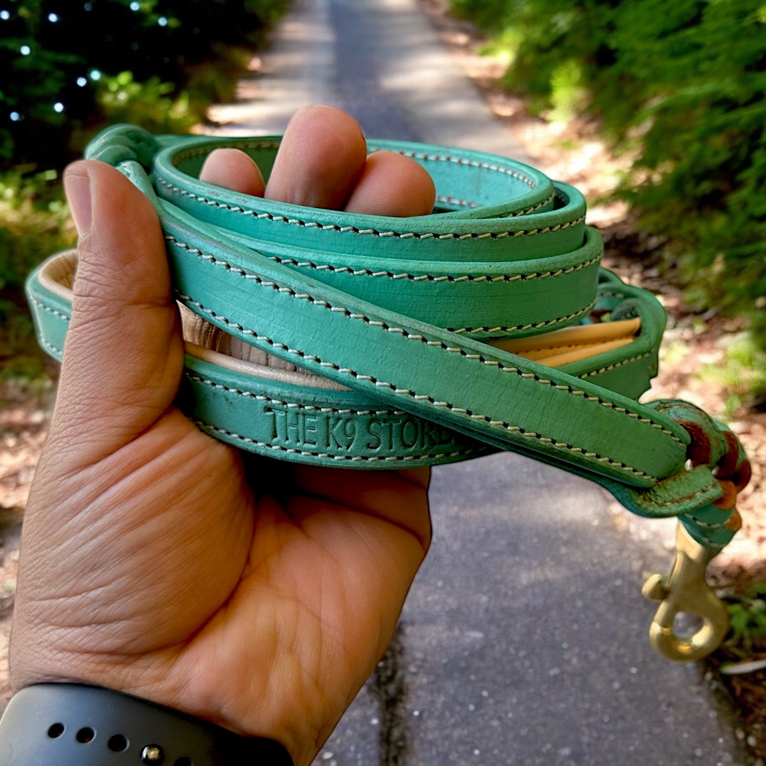 The K9 Store Premium Leather Double Handle Dog Leash, 6 Feet Long With Brass Hooks in Green Mint Color For All Dog Breeds