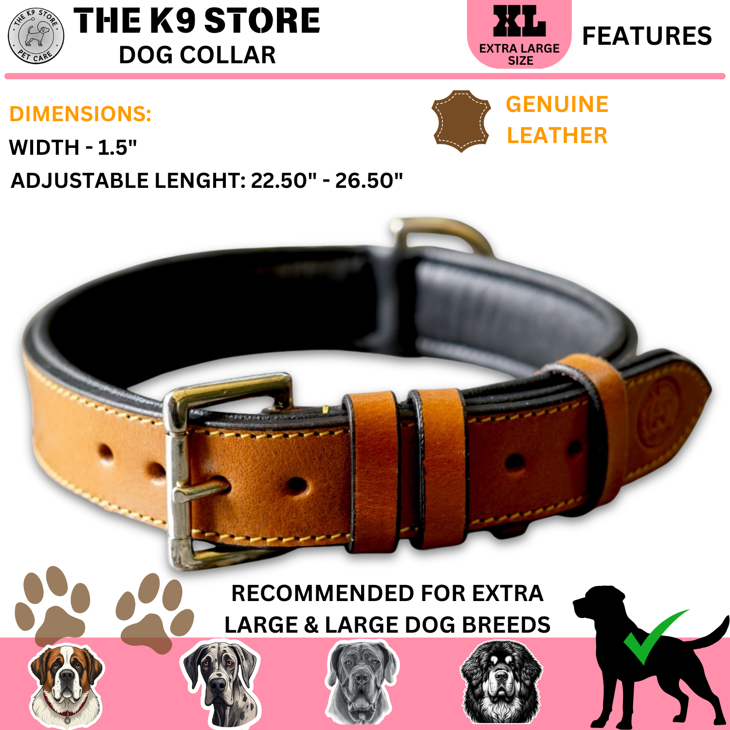 The K9 Store 100% Highgrade Leather Colored Basic Dog Neck Collar (Tan)