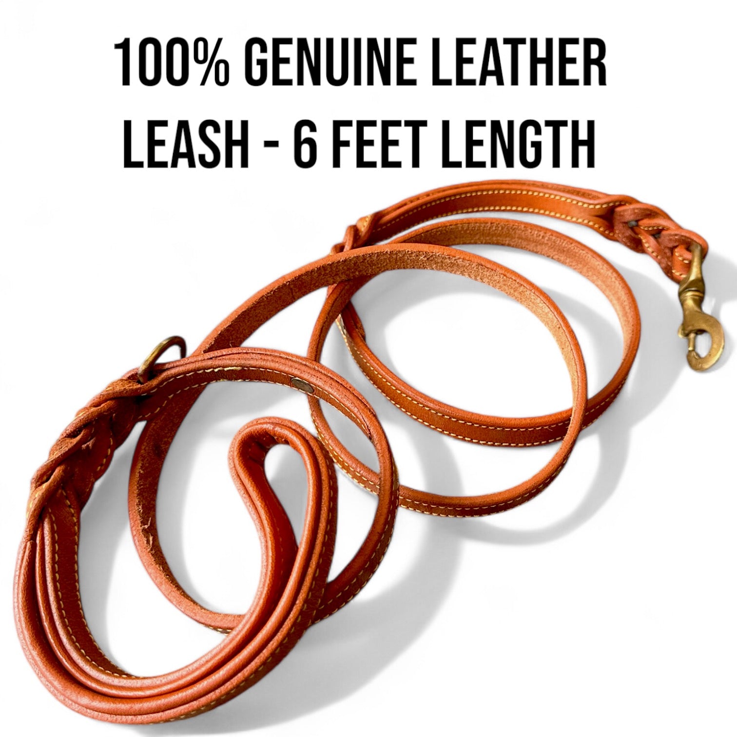 The K9 Store Premium Leather Double Handle Dog Leash, 6 Feet Long With Brass Hooks in Tan Brown Color For All Dog Breeds