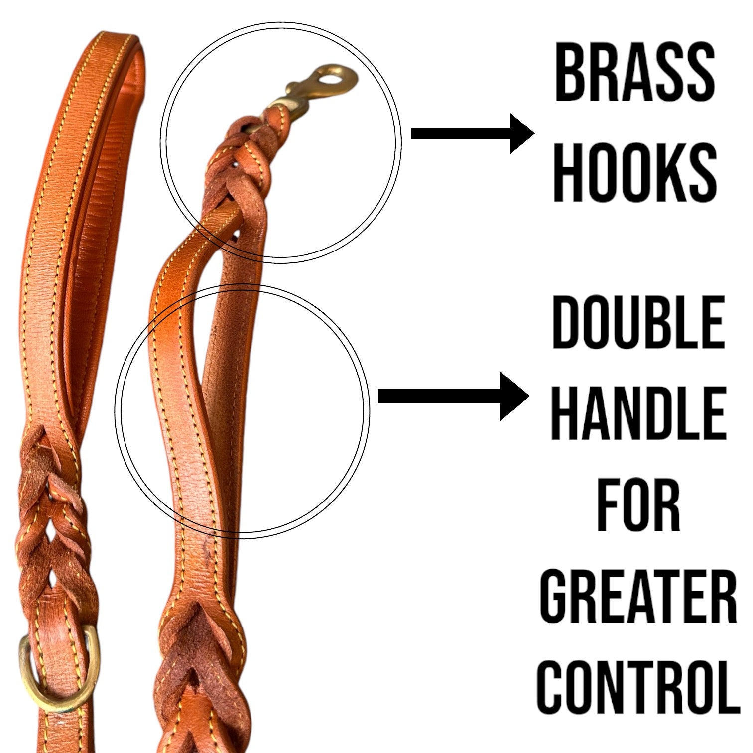 The K9 Store Premium Leather Double Handle Dog Leash, 6 Feet Long With Brass Hooks in Tan Brown Color For All Dog Breeds