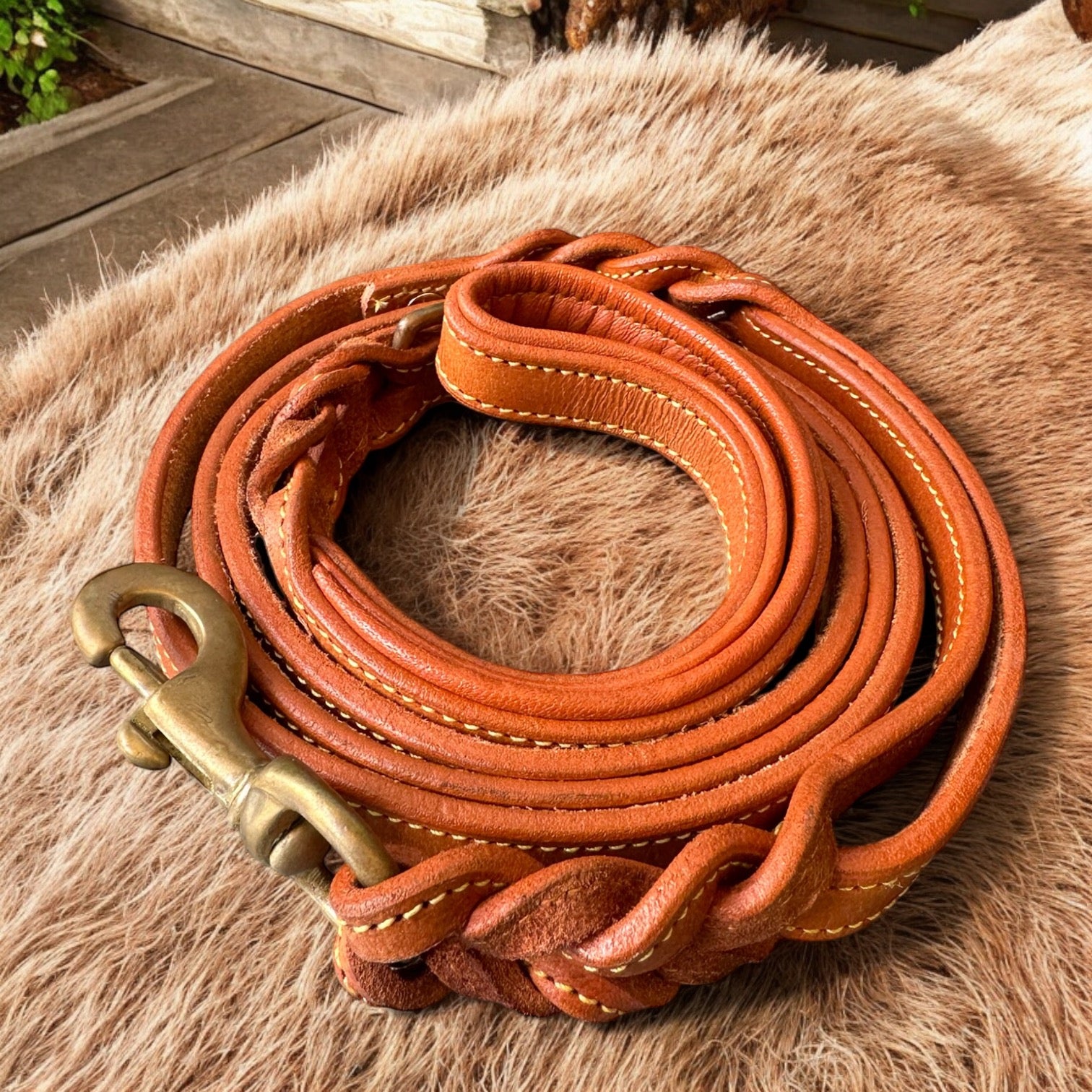 The K9 Store Premium Leather Double Handle Dog Leash, 6 Feet Long With Brass Hooks in Tan Brown Color For All Dog Breeds
