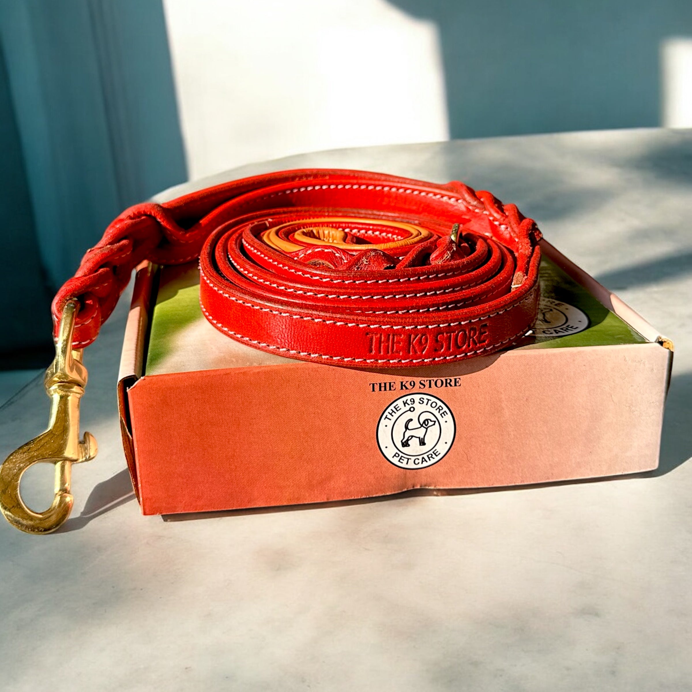 The K9 Store Premium Leather Double Handle Dog Leash, 6 Feet Long With Brass Hooks in Red Color For All Dog Breeds