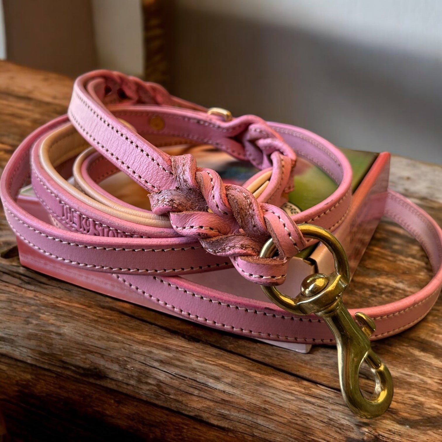 The K9 Store Premium Leather Double Handle Dog Leash, 6 Feet Long With Brass Hooks in Pink Color For All Dog Breeds