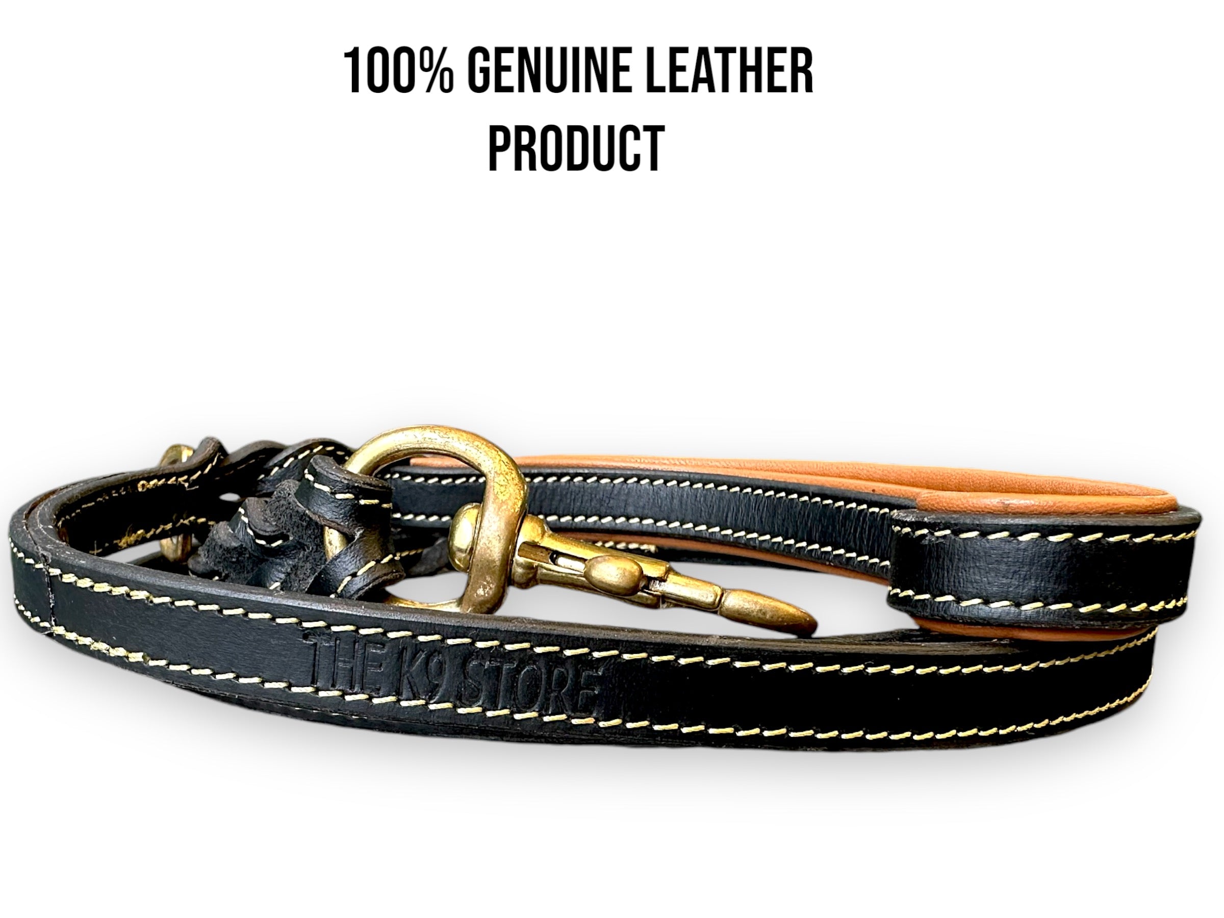 The K9 Store Premium Leather Double Handle Dog Leash, 6 Feet Long With Brass Hooks in Black Color For All Dog Breeds