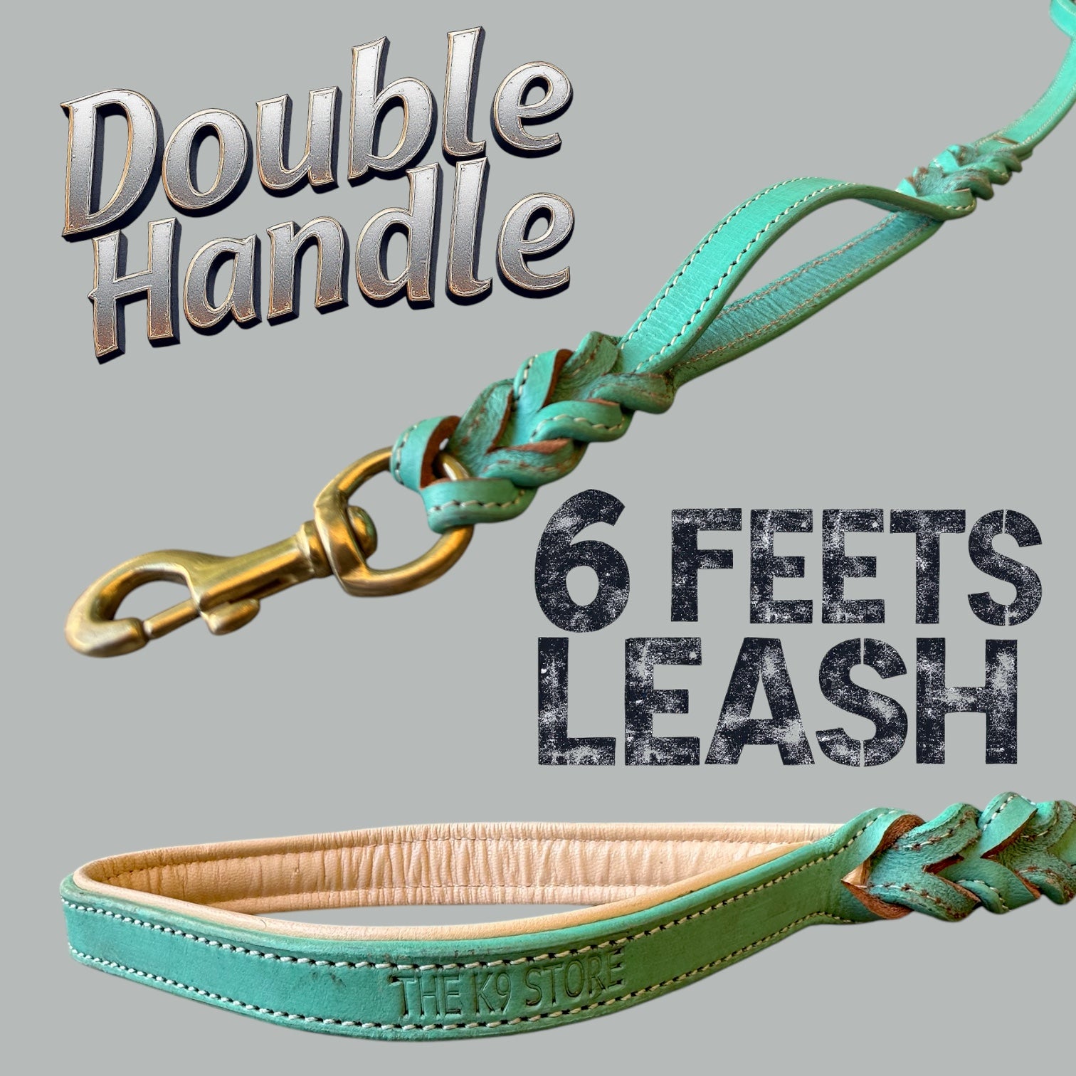 The K9 Store Premium Leather Double Handle Dog Leash, 6 Feet Long With Brass Hooks in Green Mint Color For All Dog Breeds