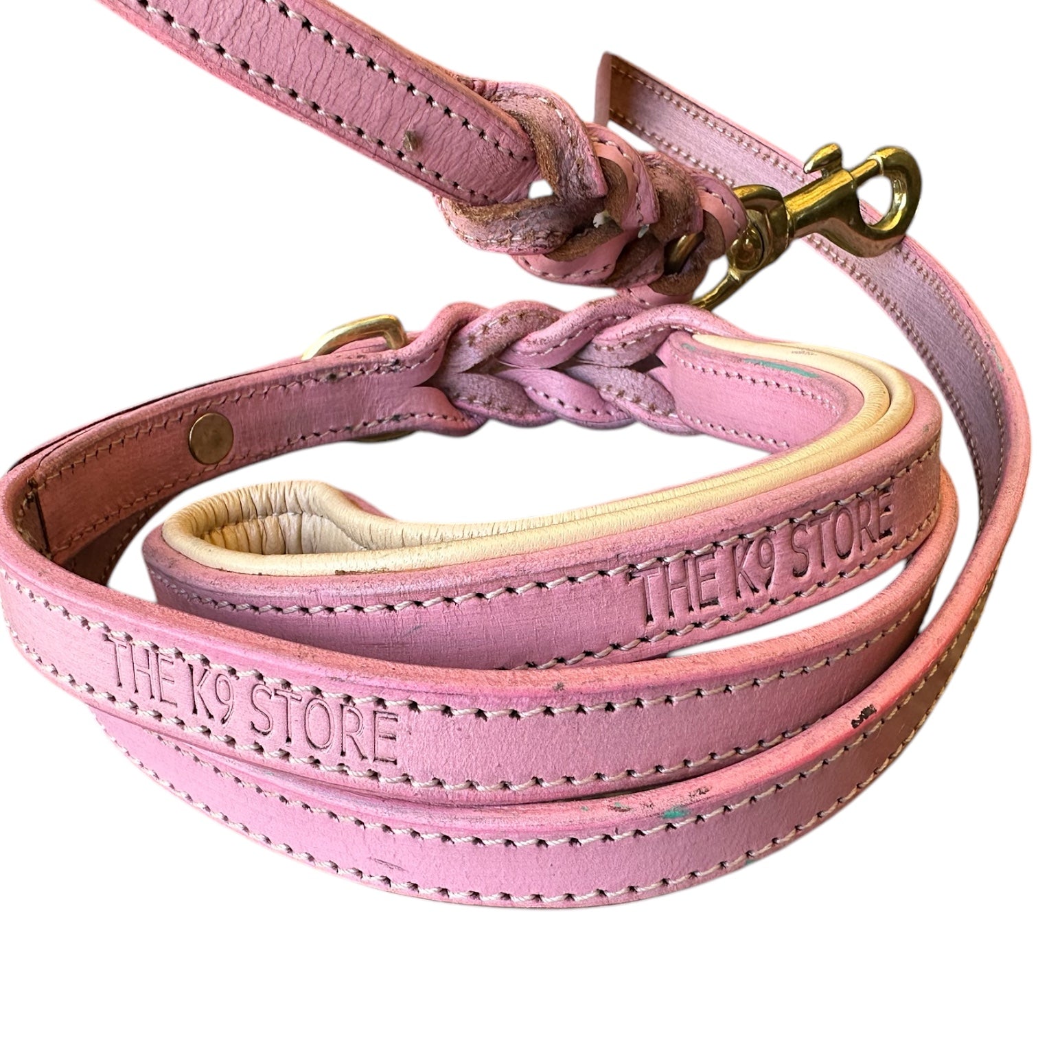 The K9 Store Premium Leather Double Handle Dog Leash, 6 Feet Long With Brass Hooks in Pink Color For All Dog Breeds