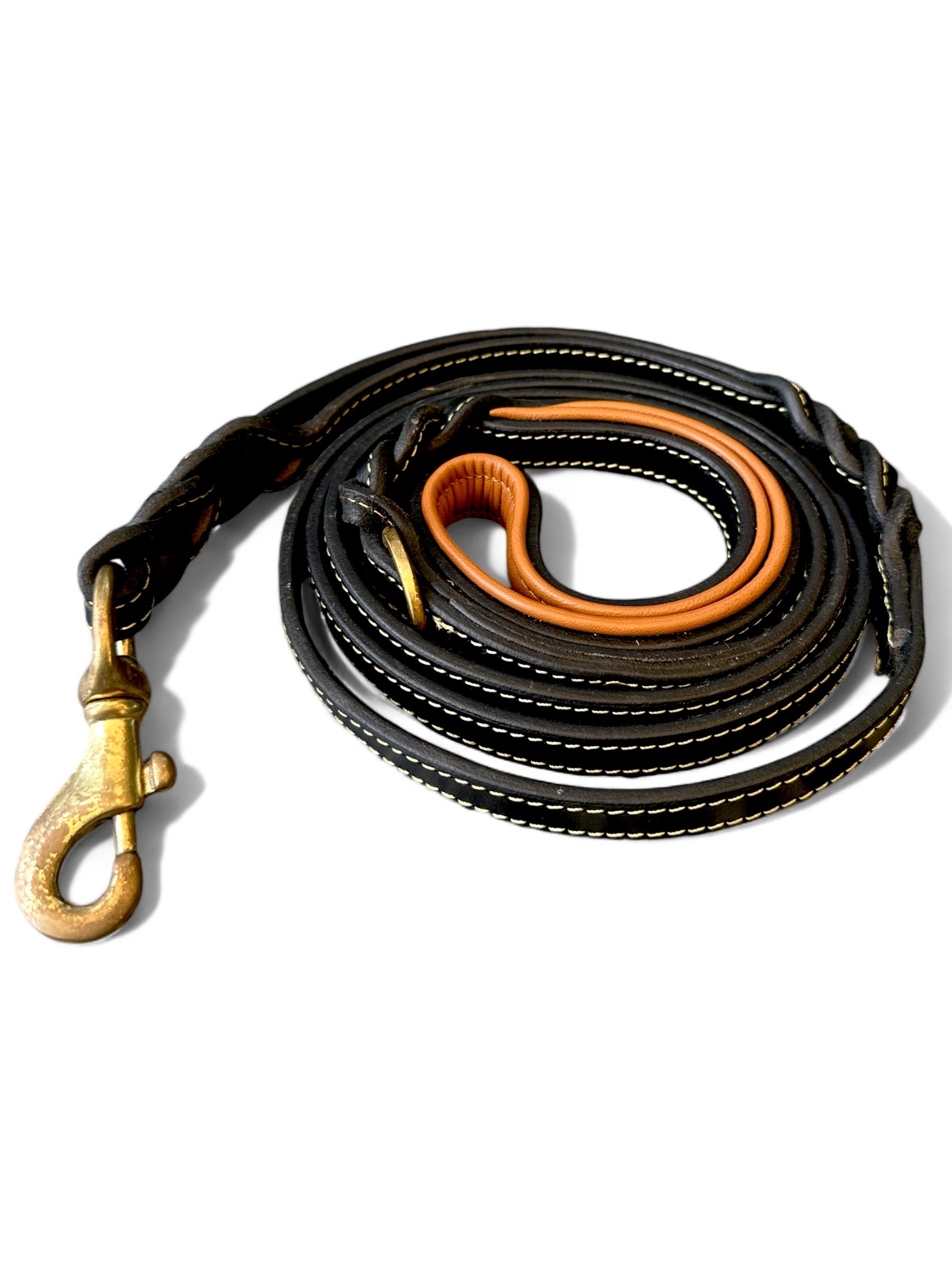 The K9 Store Premium Leather Double Handle Dog Leash, 6 Feet Long With Brass Hooks in Black Color For All Dog Breeds