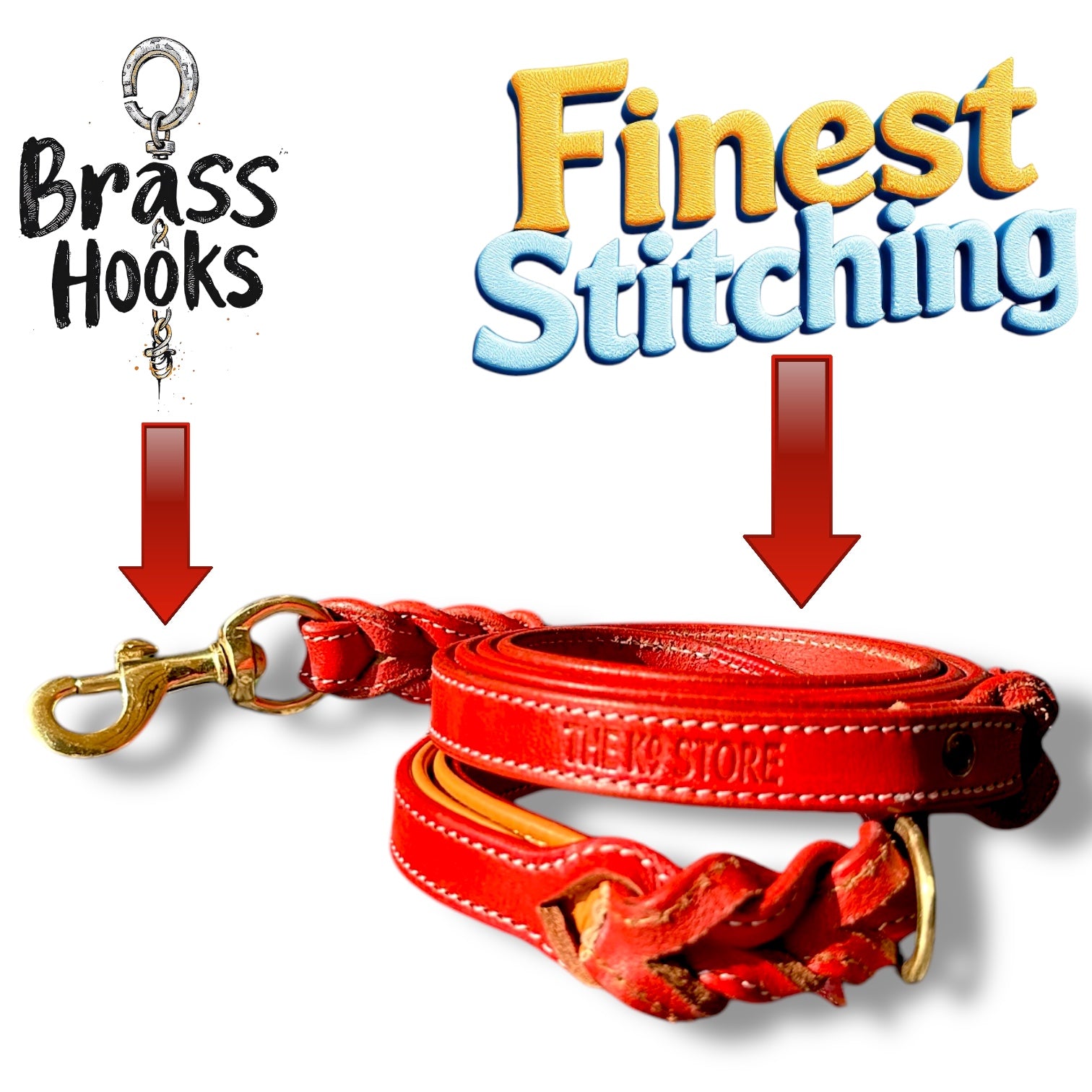 The K9 Store Premium Leather Double Handle Dog Leash, 6 Feet Long With Brass Hooks in Red Color For All Dog Breeds
