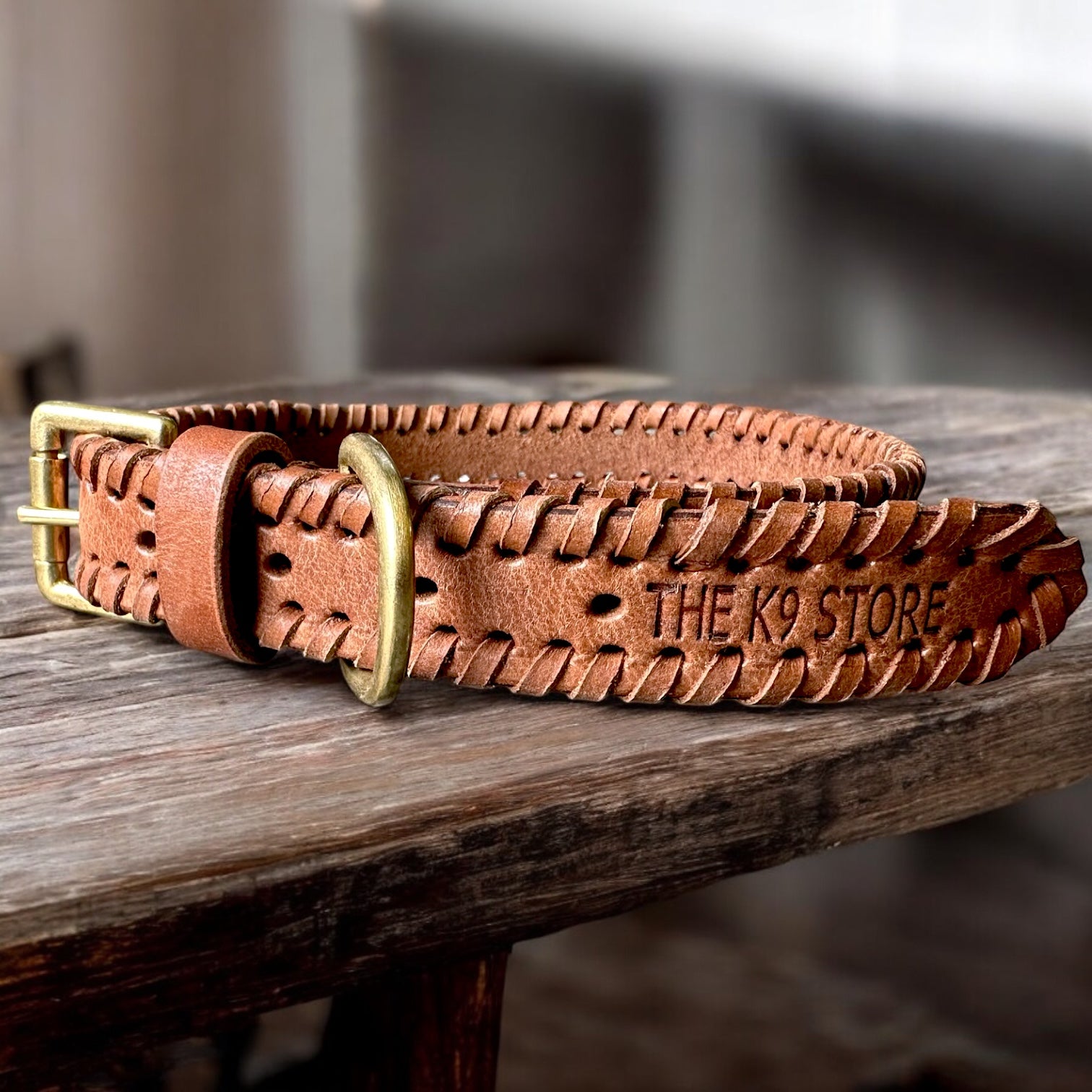 The K9 Store 100% Highgrade Leather Side Braided Designer Dog Neck Collar (Tan)