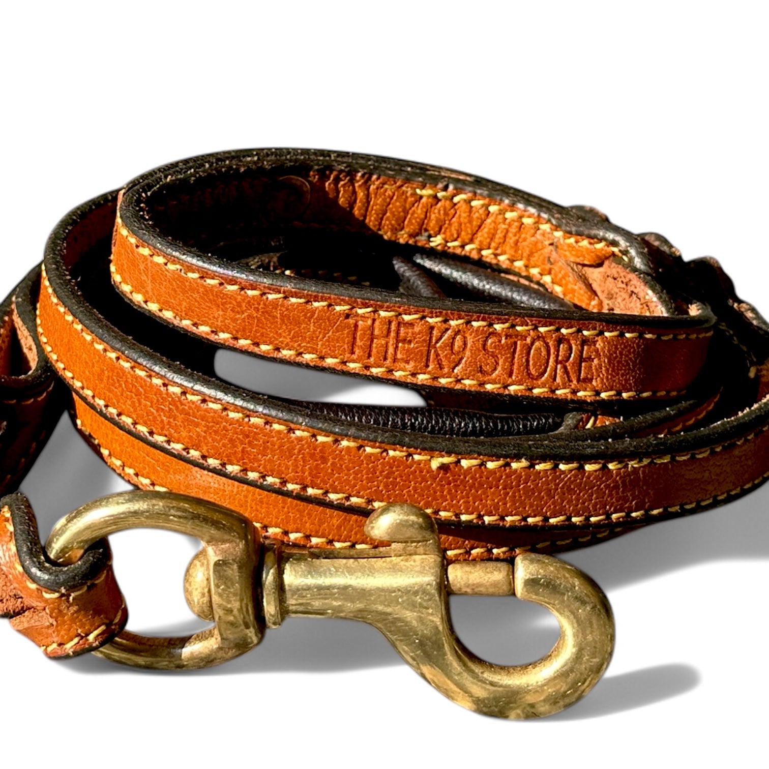 The K9 Store Premium Leather Double Handle Sleek Dog Leash, 6 Feet Long With Brass Hooks in Tan Brown Color For All Dog Breeds