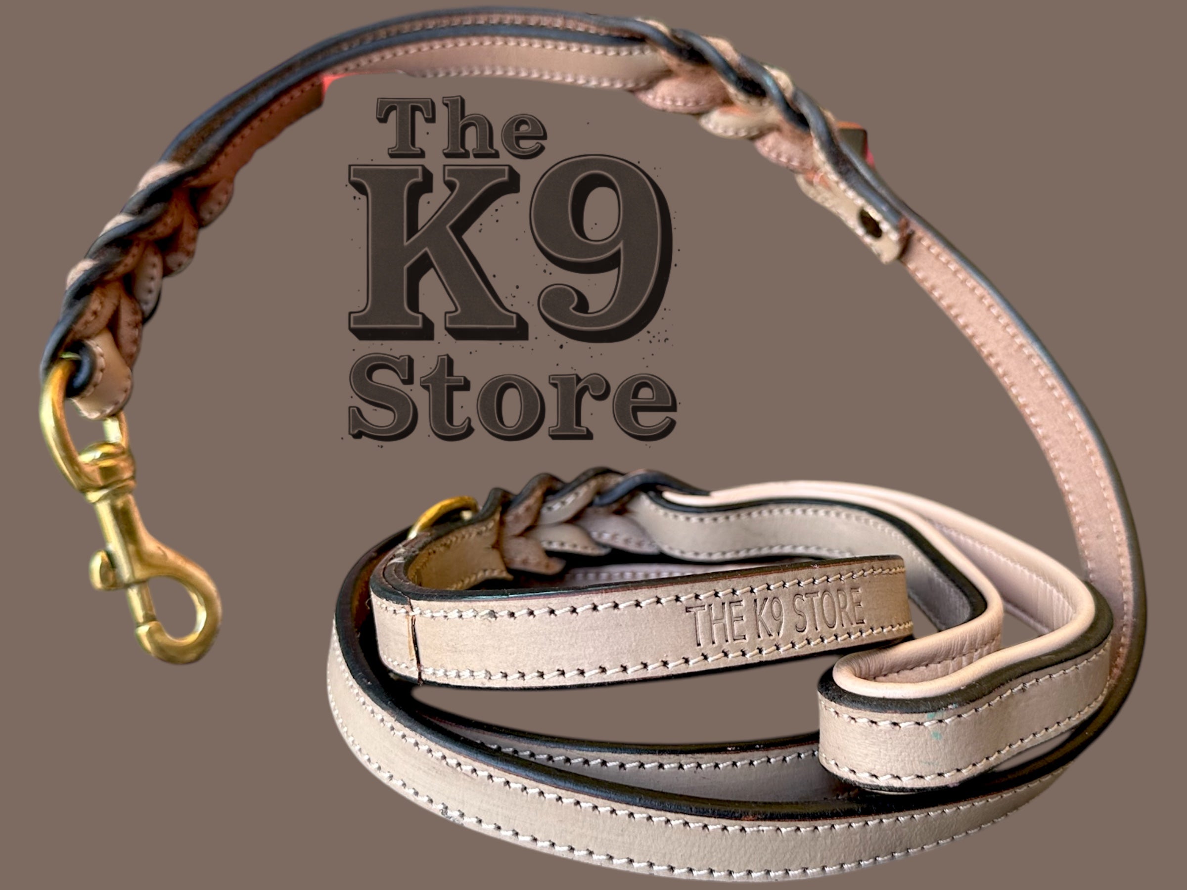 The K9 Store Premium Leather Double Handle Dog Leash, 6 Feet Long With Brass Hooks in Grey Color For All Dog Breeds