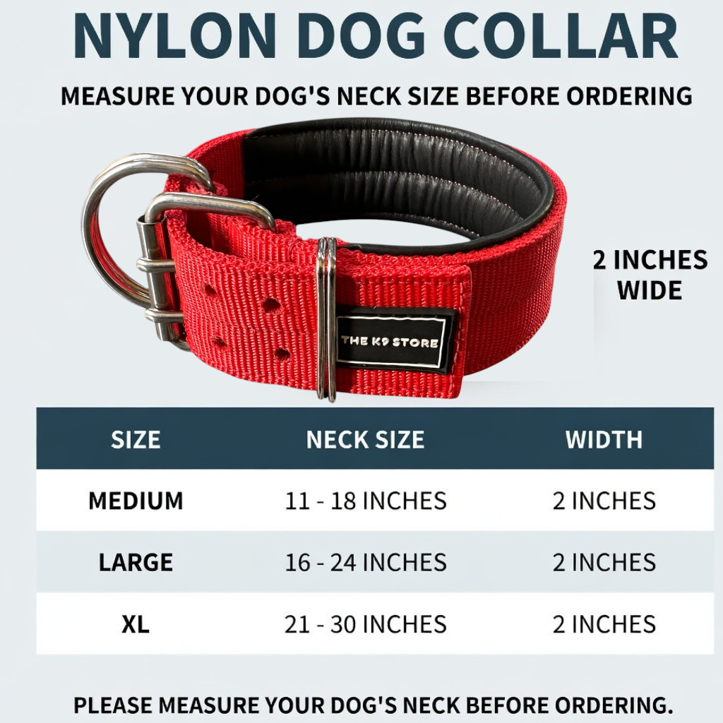 Heavy Duty Dog Collar for Large Dogs | 2 Inch Wide Padded Nylon Collar with Double D-Rings | Red | The K9 Store